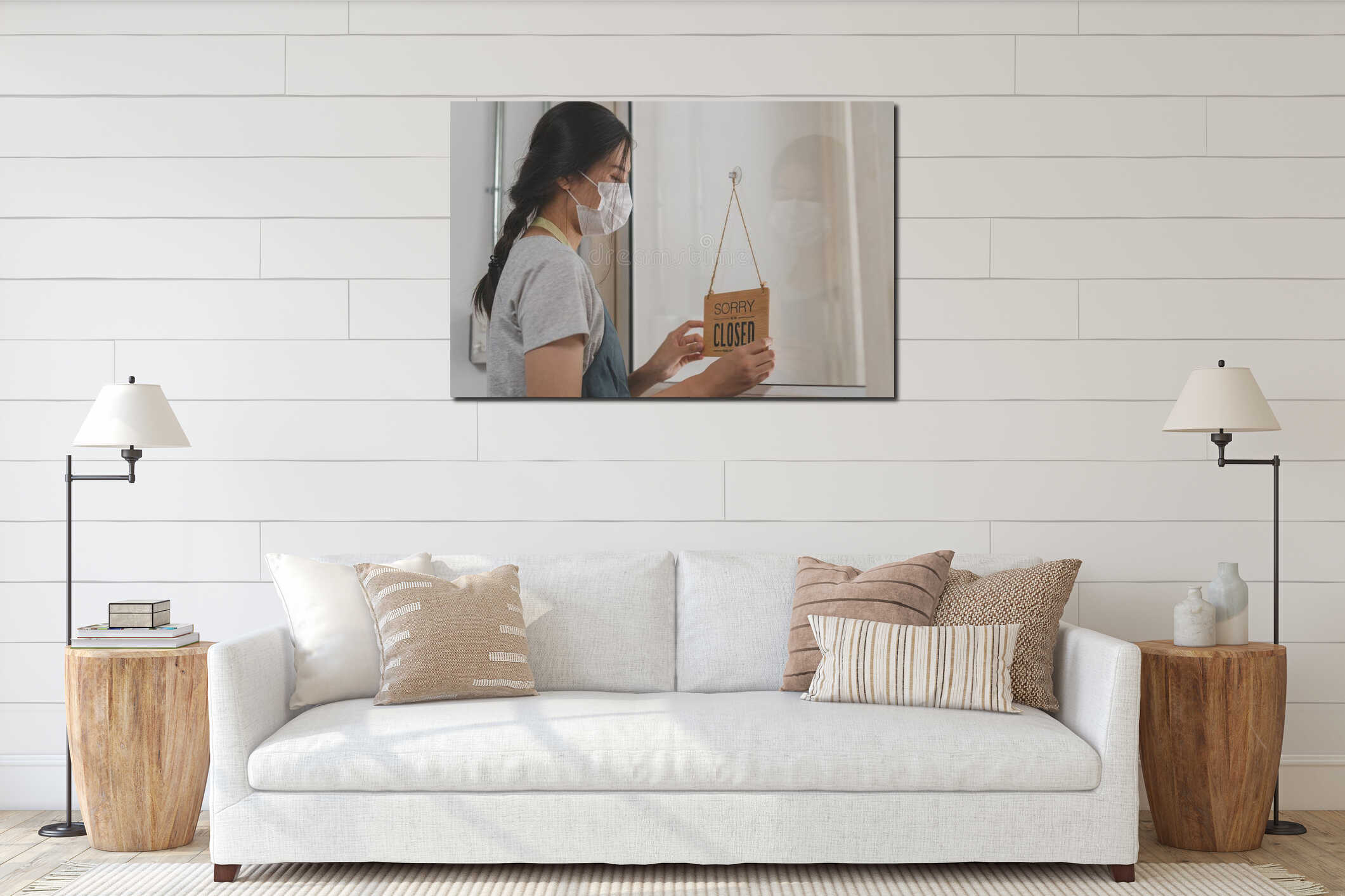 Asian young owner retail,coffee shop woman turning sign board to closed with wearing face mask,protection to pandemic of interior mockup