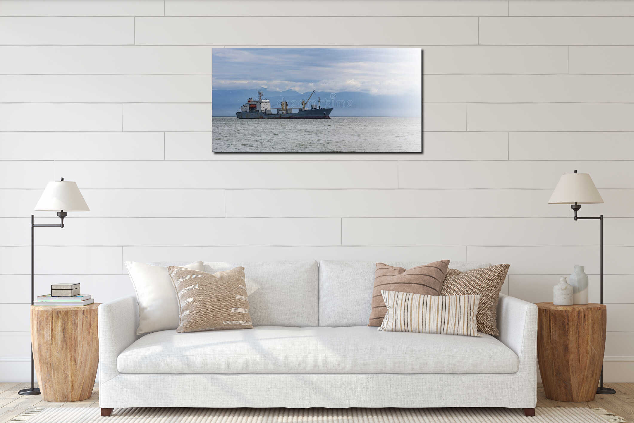 Large cargo container ship sailing interior mockup