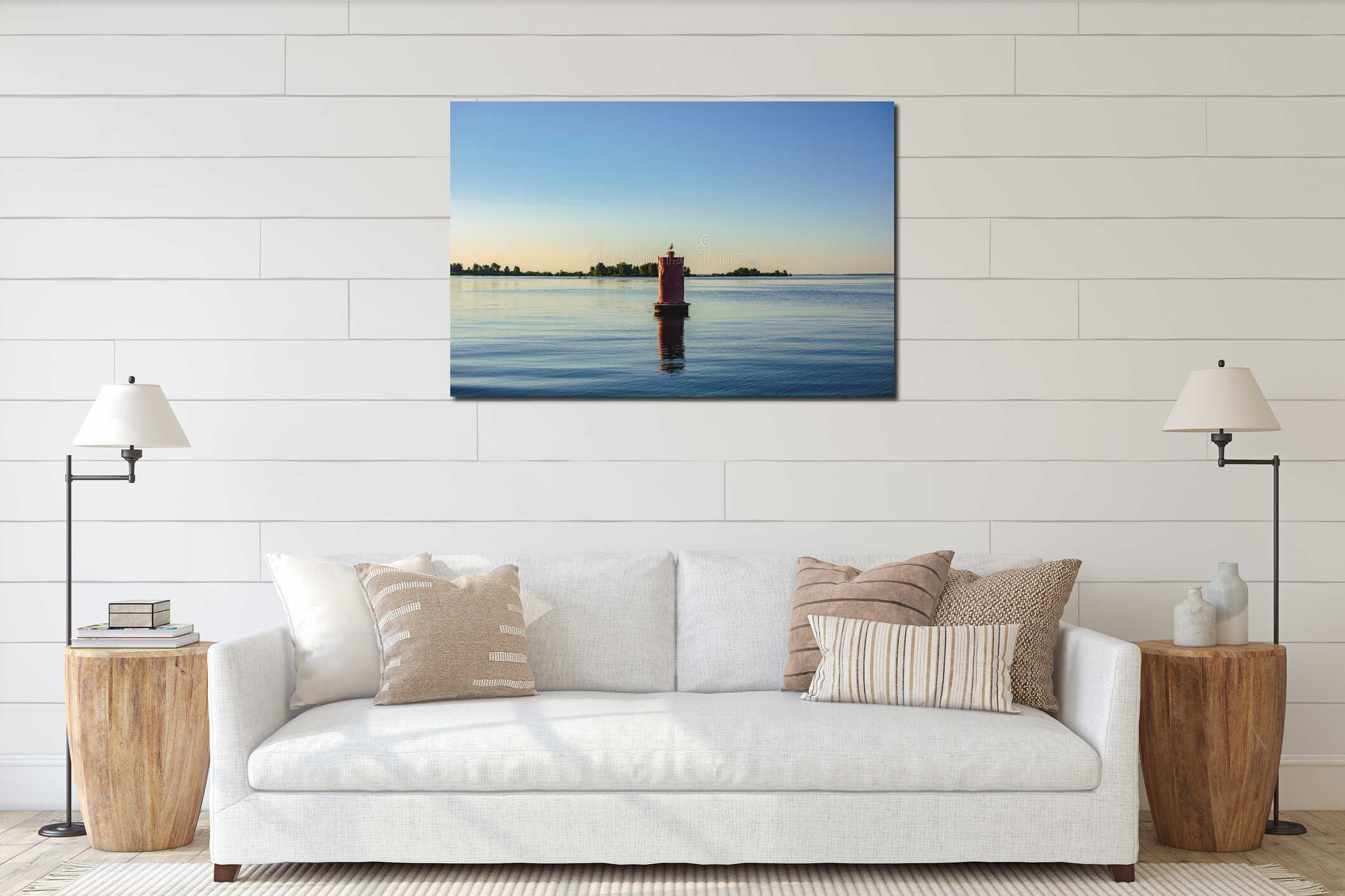 Red buoy on the water. A seagull sits on a lighthouse interior mockup