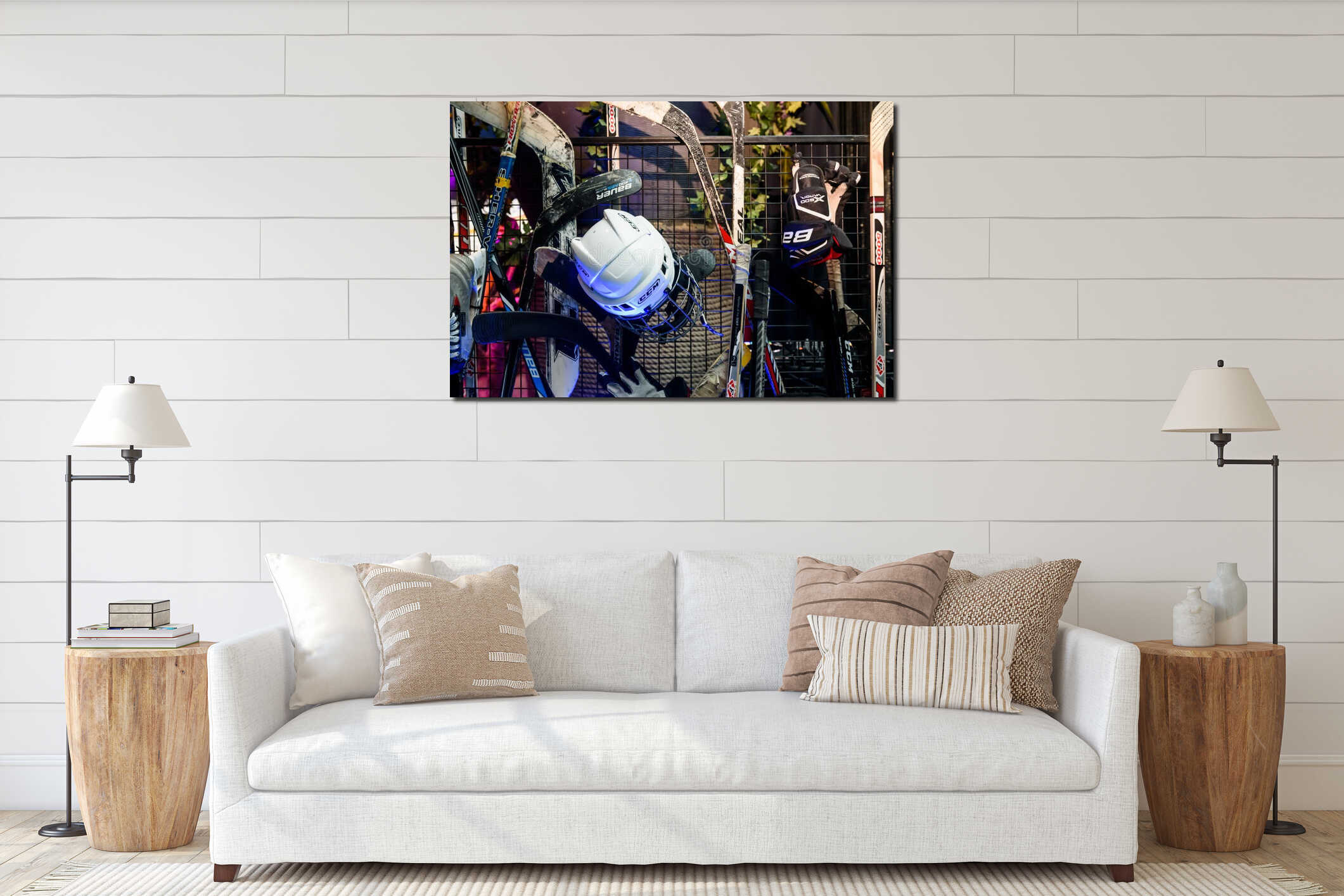 Ice hockey helmet and hockey sticks. interior mockup