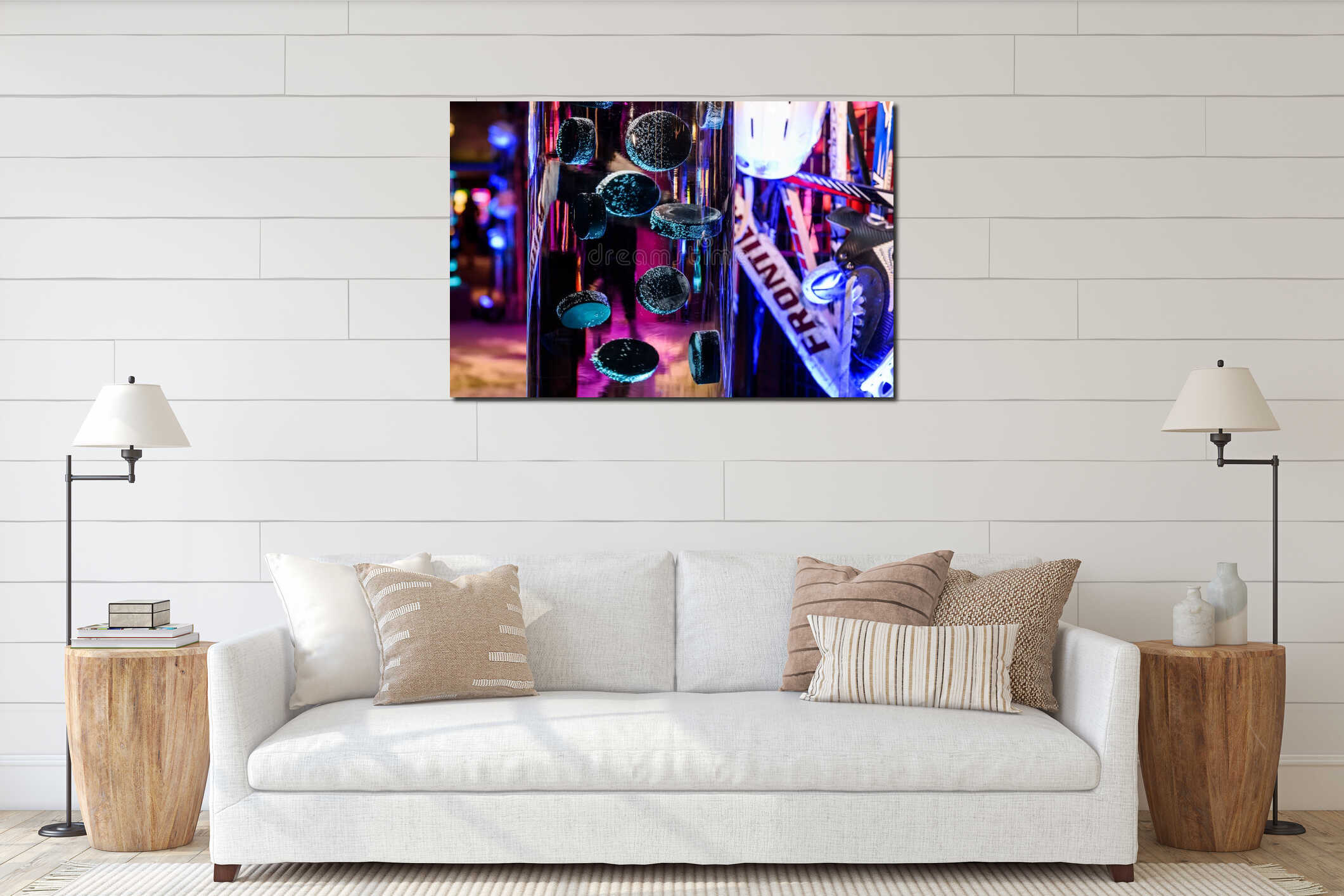 Ice hockey knee guard and sticks. interior mockup