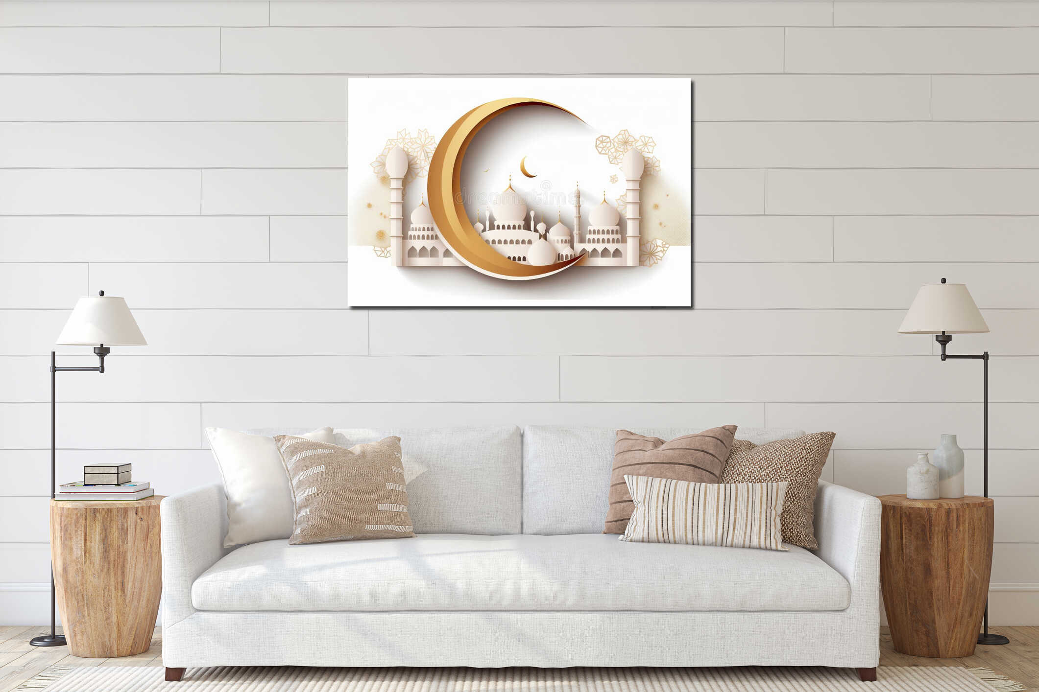 Paper art. Mosque and Crescent Islamic Moon. Ramadan concept. Generative AI interior mockup