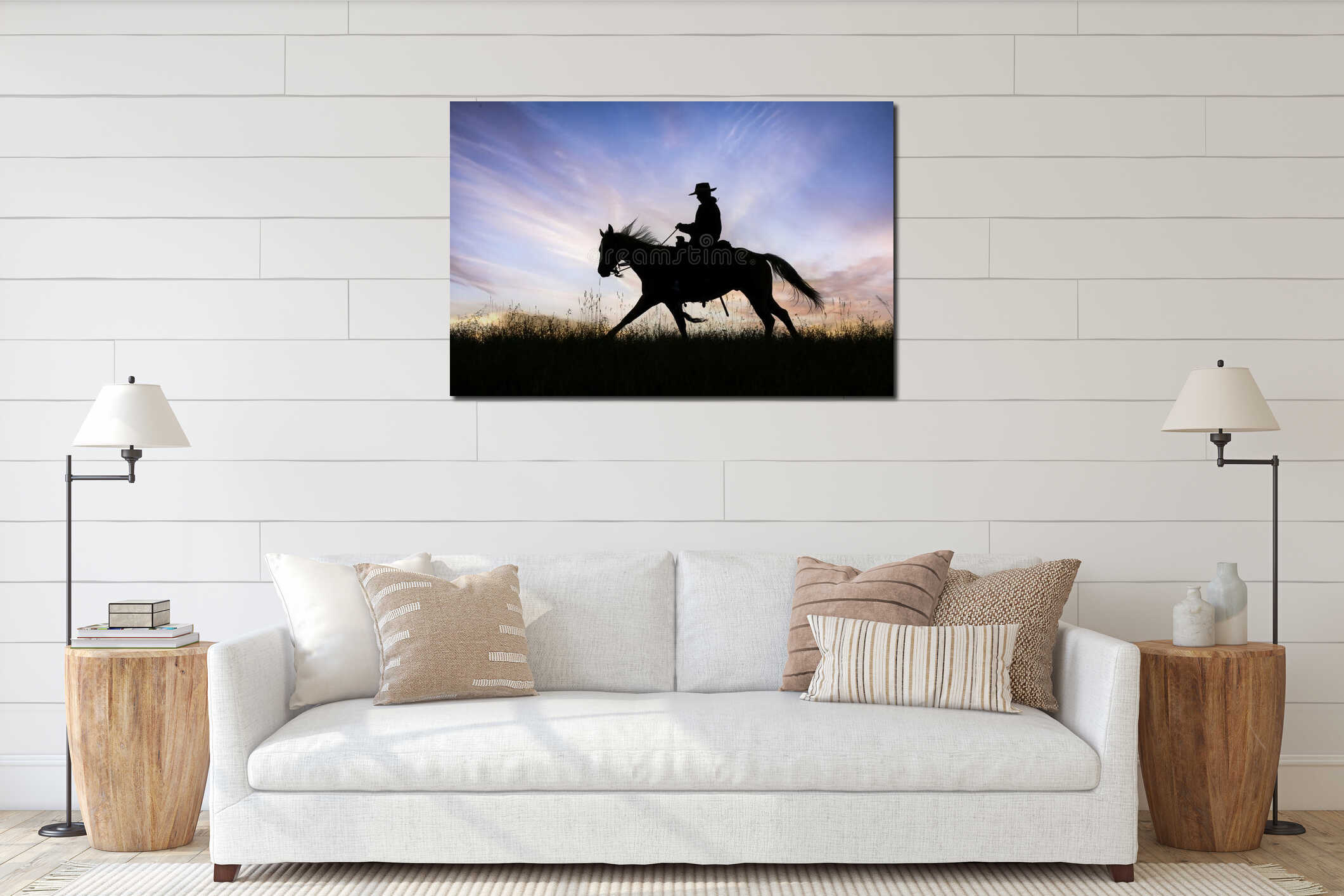 Cowboy on horseback at dawn silhouette interior mockup
