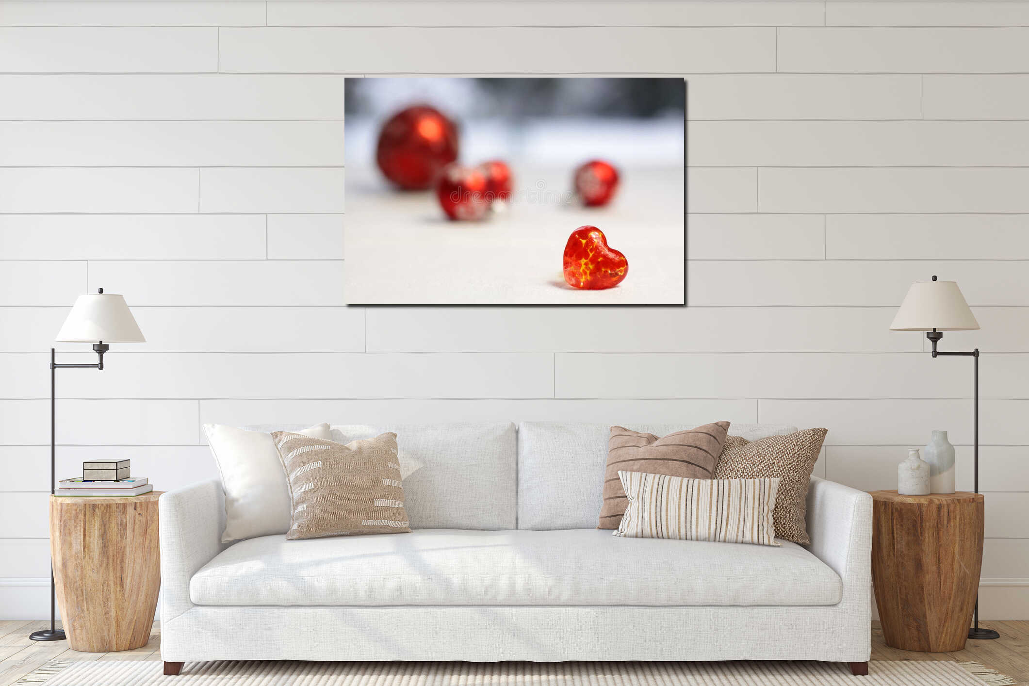 Small red glass heart with red Christmas baubles interior mockup
