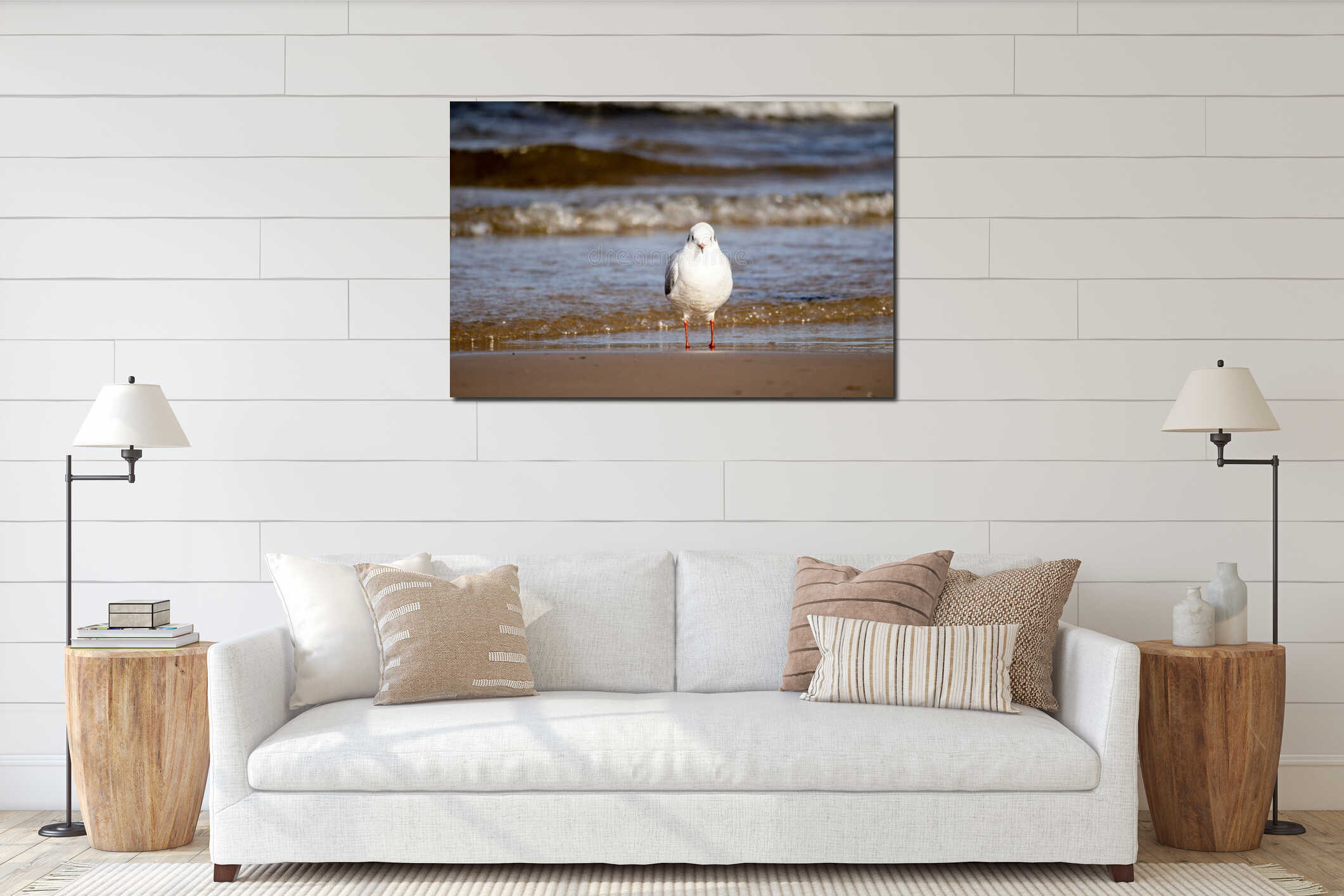 A white seagull with a red beak and red legs walks on sea water and brown sea sand on a sunny day interior mockup