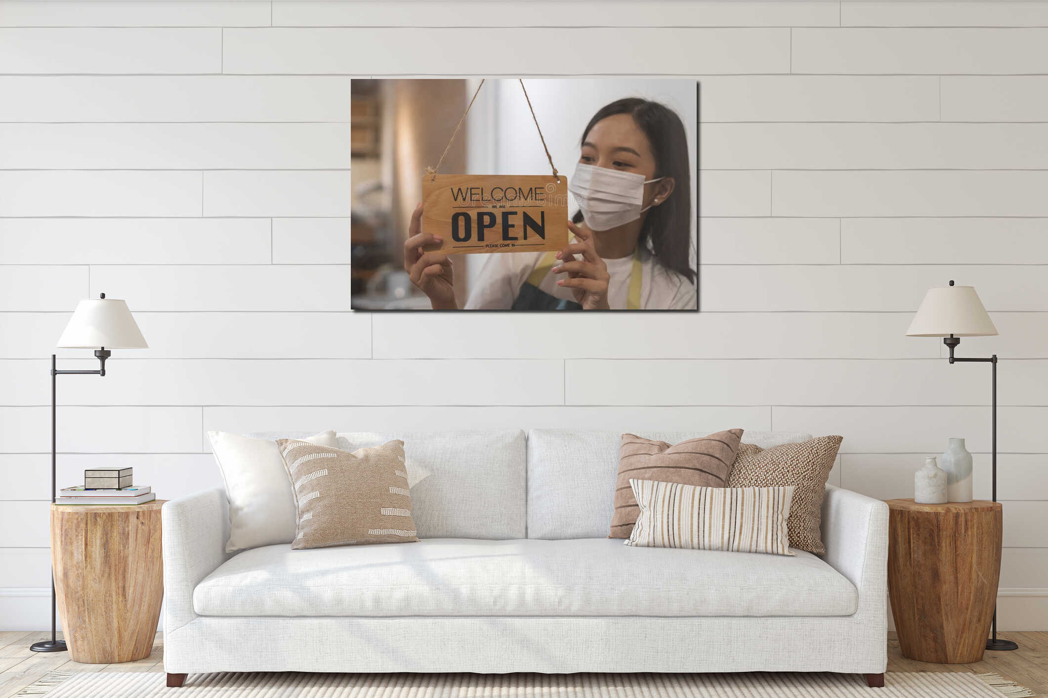 Reopen, asian young owner retail, coffee shop woman turning sign board open wearing face mask, protect to pandemic of coronavirus interior mockup