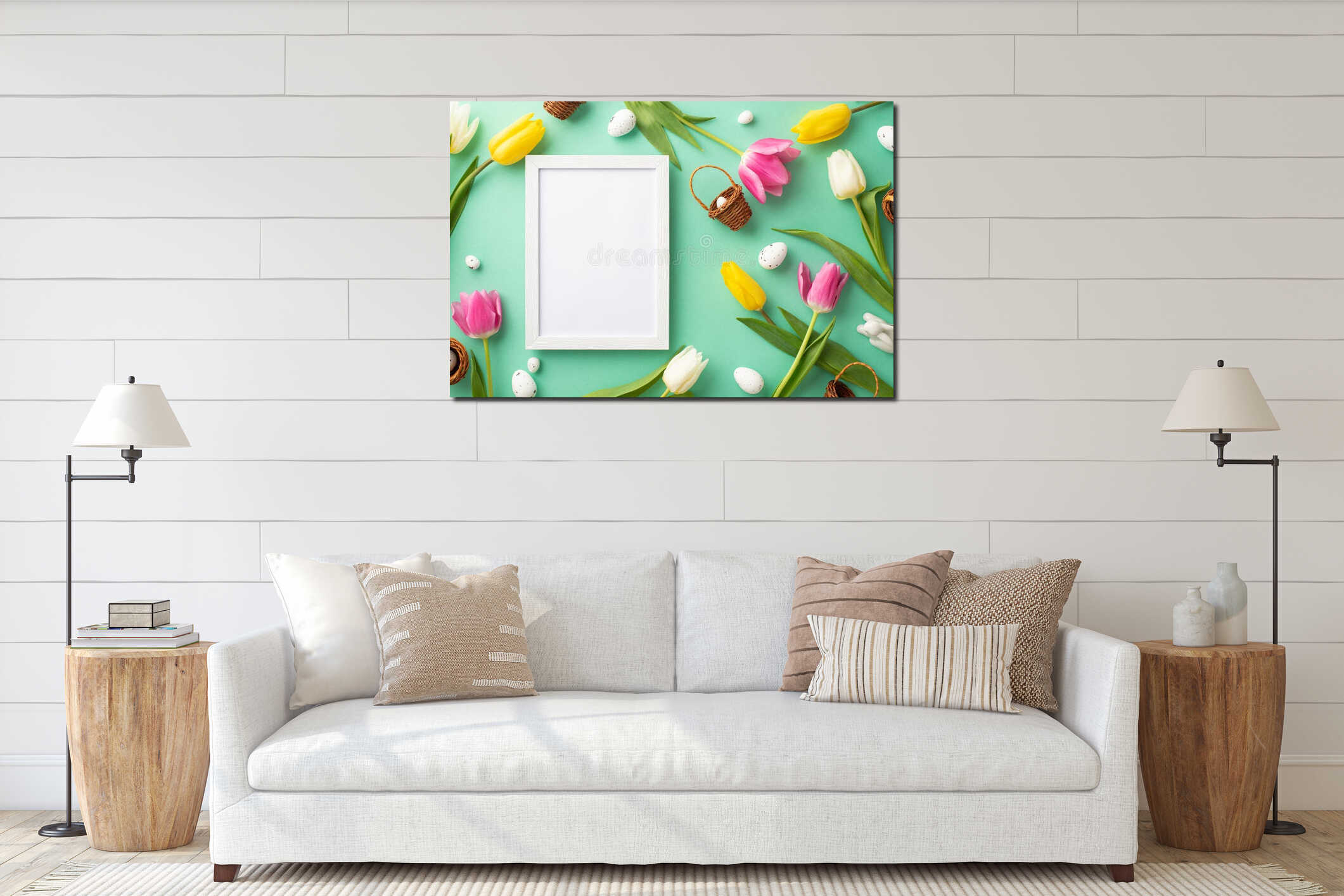 Top view photo of empty photo frame tiny wicker baskets ceramic easter bunny quail eggs colorful tulips on teal background interior mockup