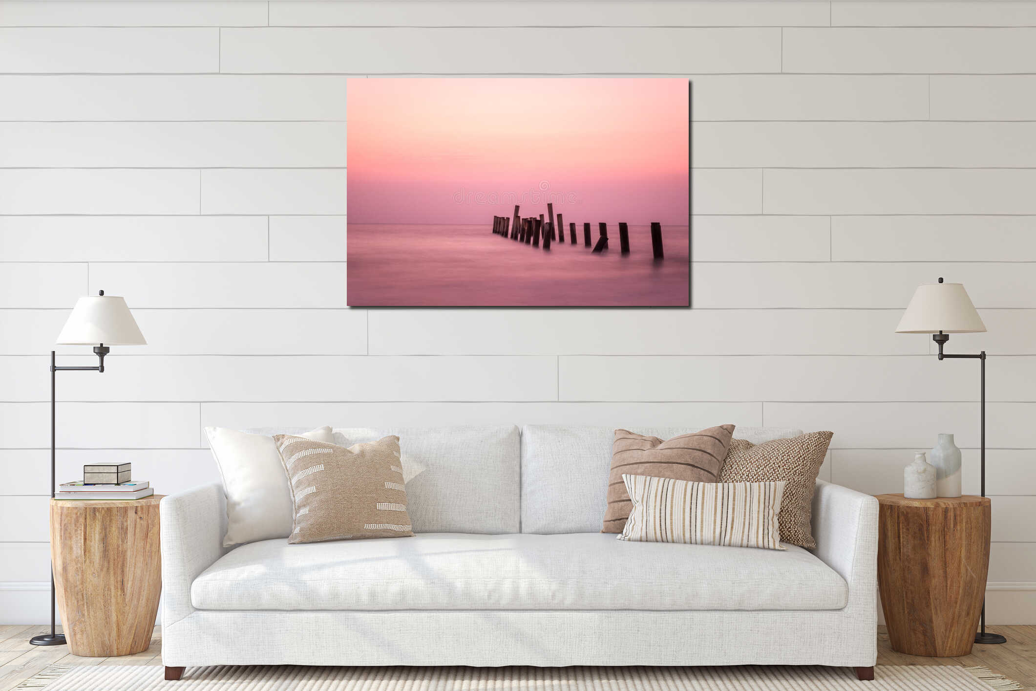 Beautiful morning sunrise, blue sea, pink sky, peaceful seascape interior mockup