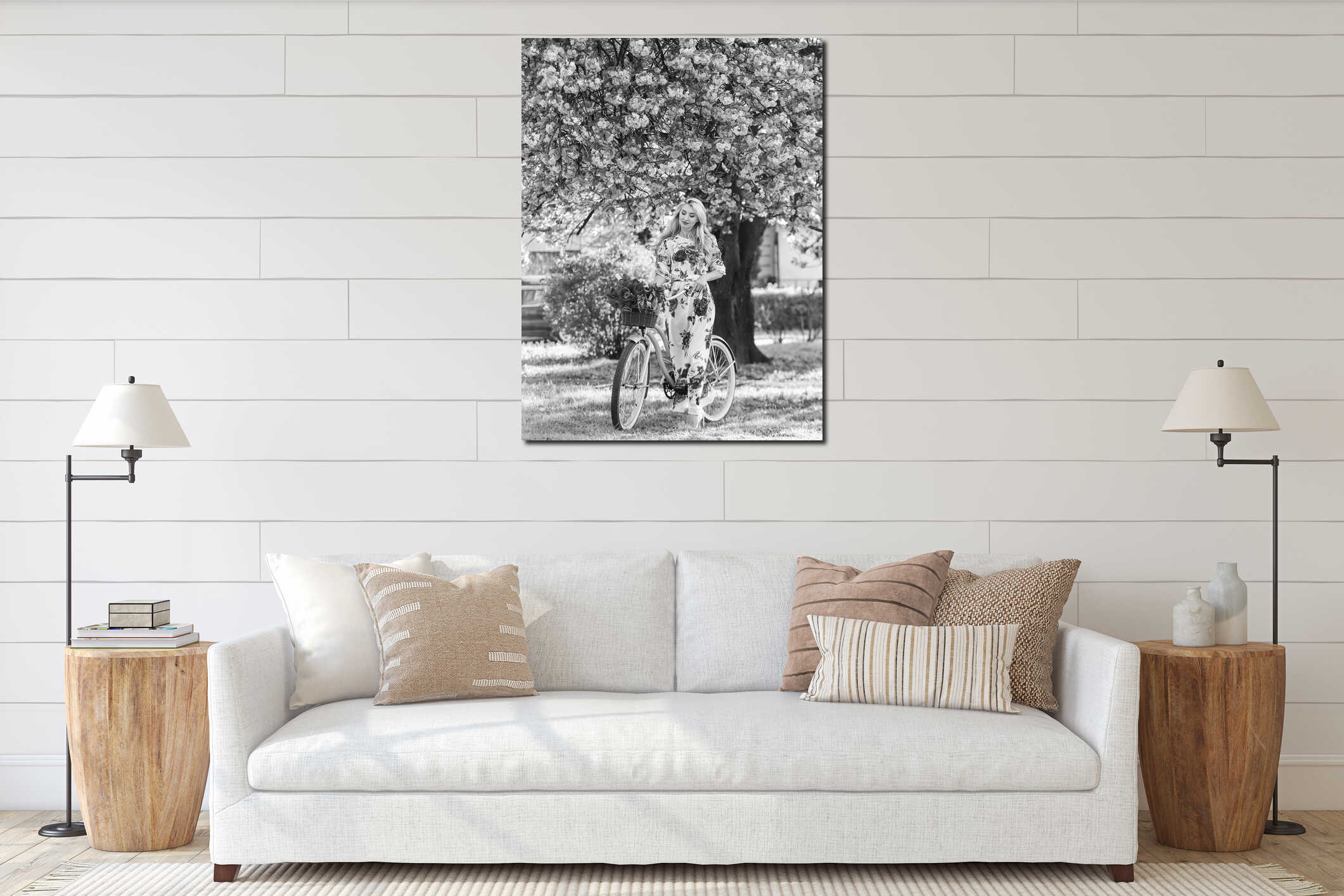 Spring holidays. Woman with tulips bouquet. Sakura tree blooming. Girl long dress retro cruiser bicycle sakura tree interior mockup