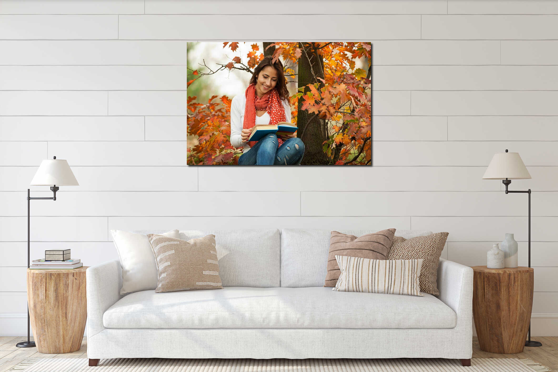 Young girl reading book in autumn park interior mockup