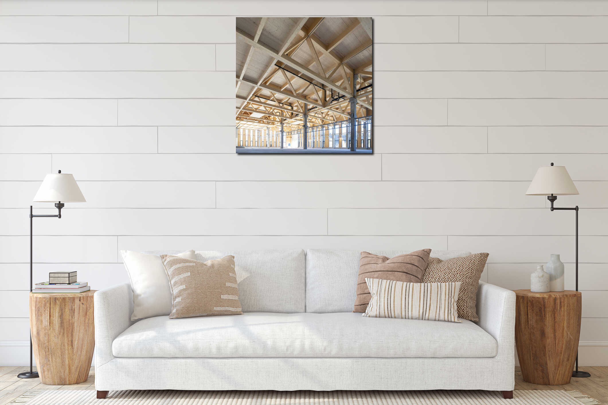 modern industrial hall with timber trusses and prefabricated concrete columns interior mockup