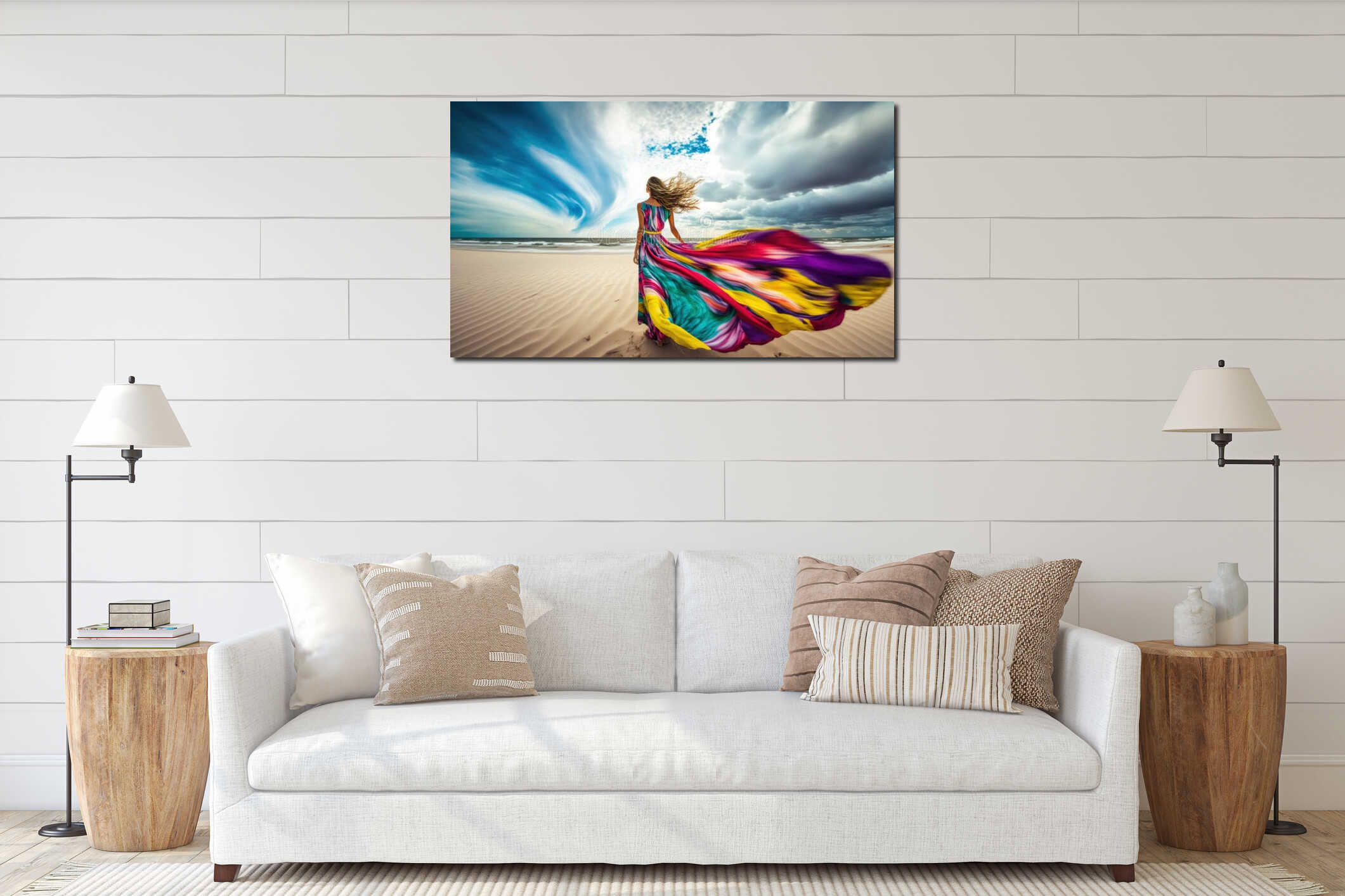 Graceful woman standing on beach in flowing colorful dress. Generative AI interior mockup