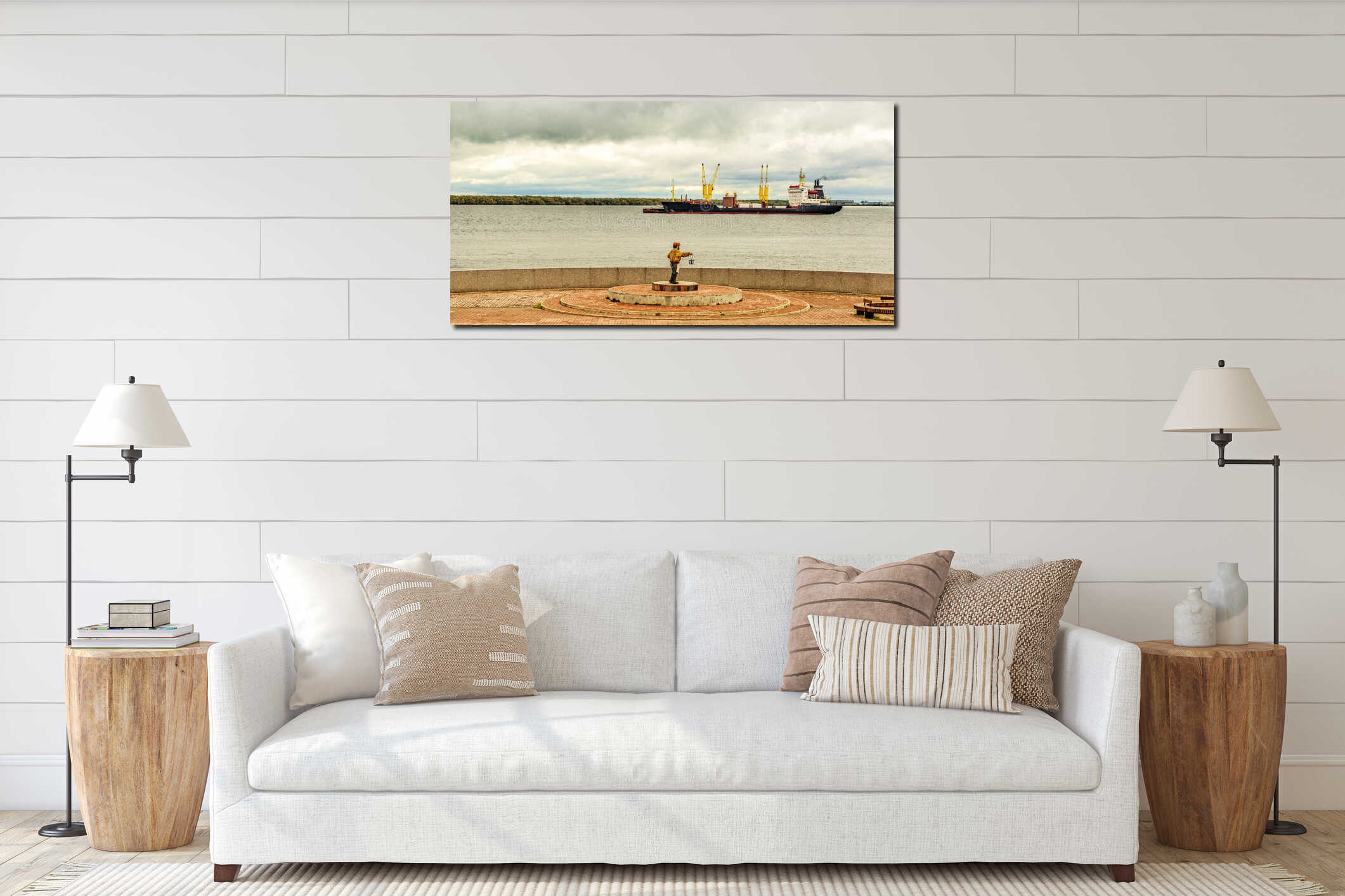 A dry cargo ship is moving along the Northern Dvina River interior mockup