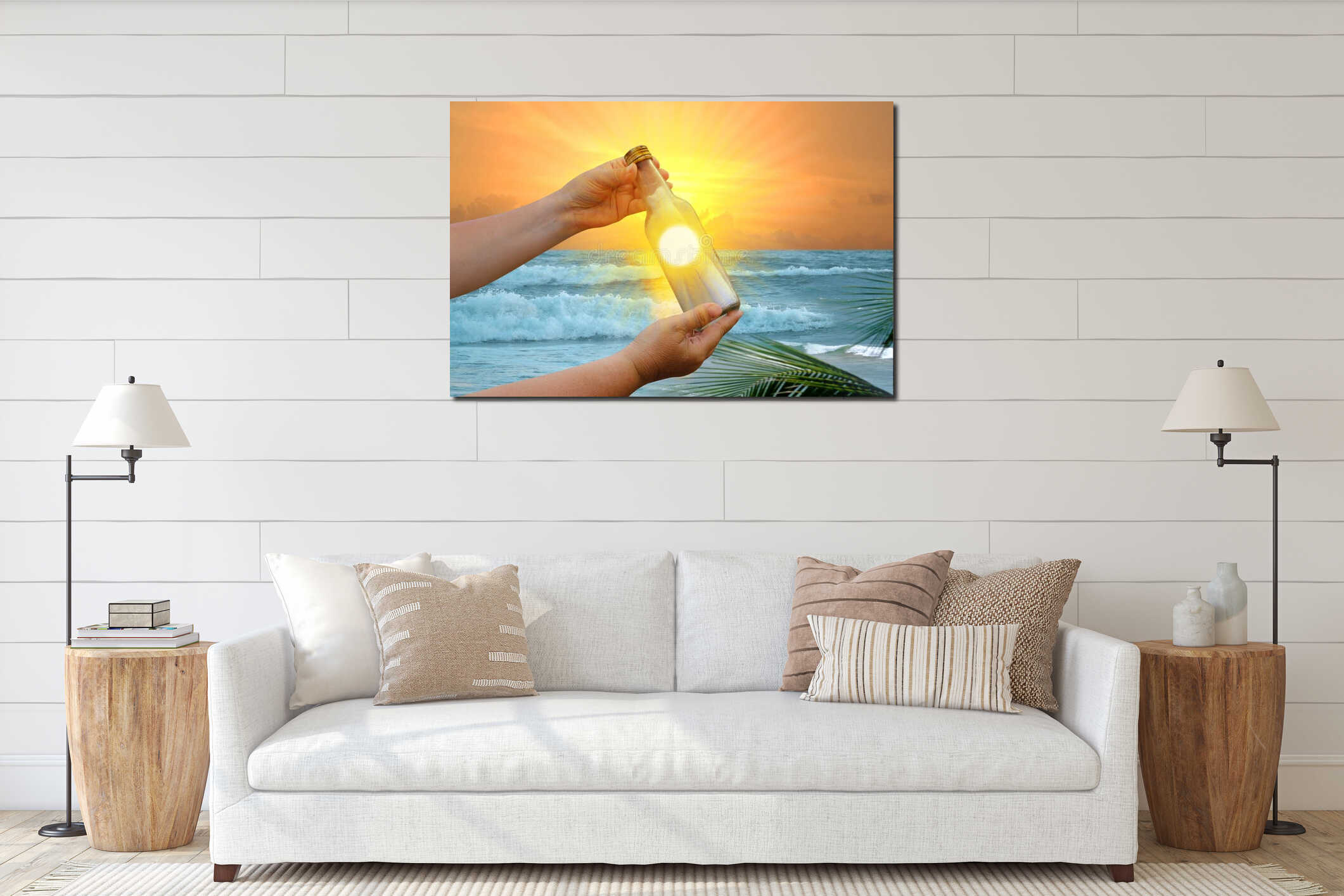 blue sea, glass bottle with message in female hands, fast waves to shore, beautiful tropical sunset reflected in water, leaves interior mockup