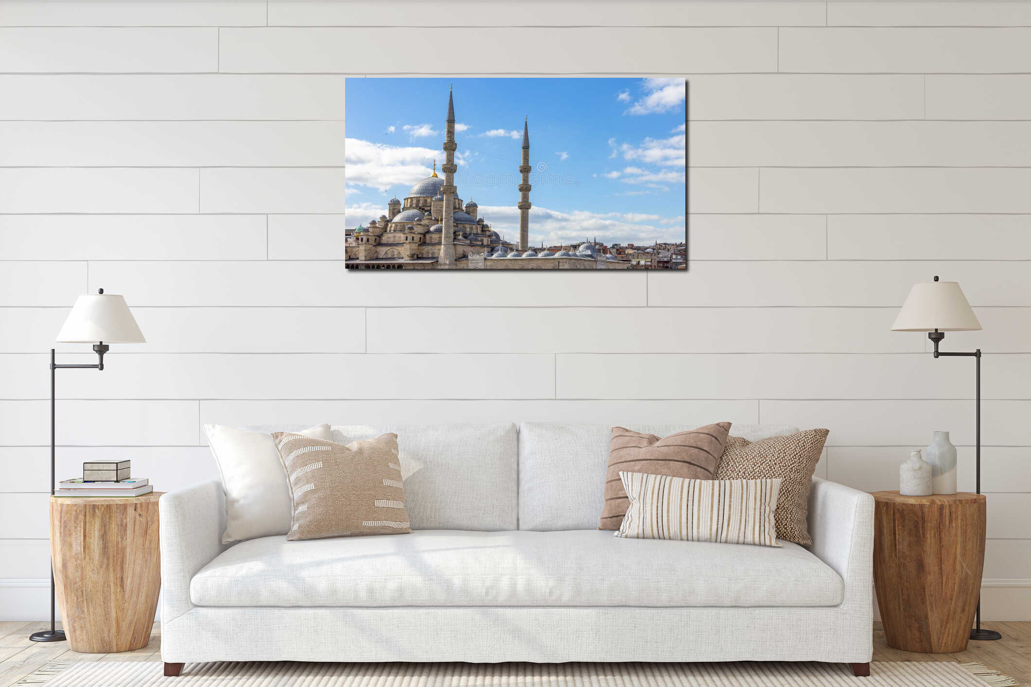 Yeni Cami or New Mosque. Islamic minaret., New Mosque Yeni Cami view from Galata bridge, Istanbul, Turkey, .Ottoman mosque interior mockup