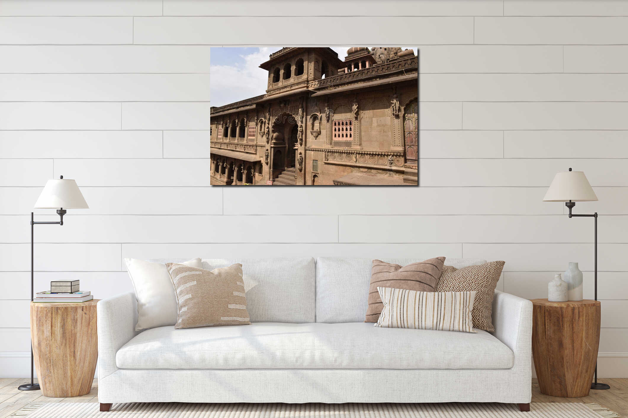 a stone building is surrounded by statues and arches with people standing outside interior mockup