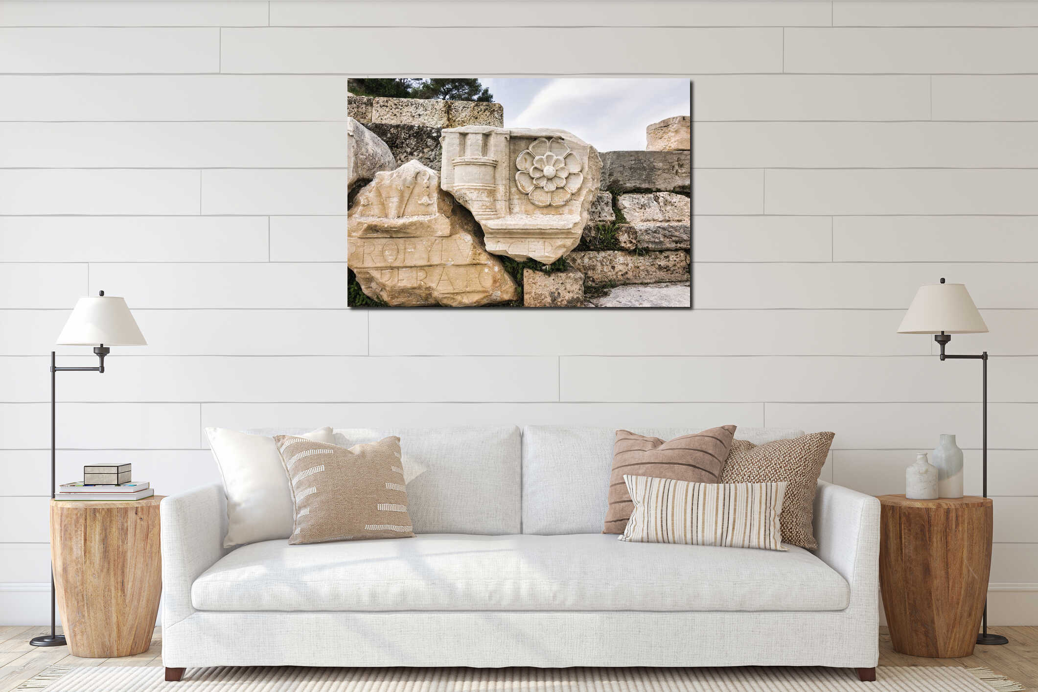 Ancient sculpted marble ruins at the Archaeological Site of Eleusis in Attica, Greece interior mockup