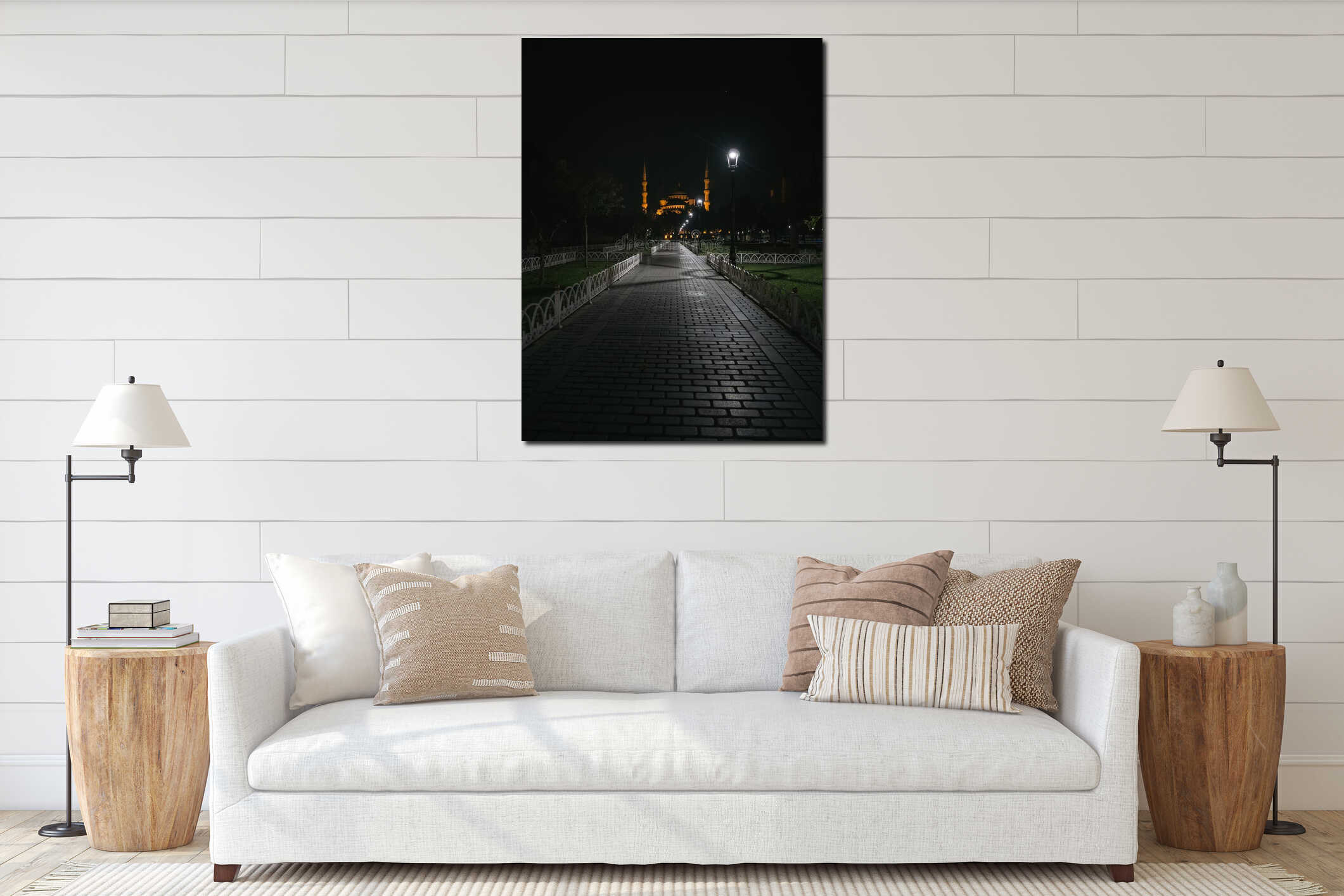 Night evening view of the Sultanahmet Blue Mosque with minarets in Istanbul interior mockup
