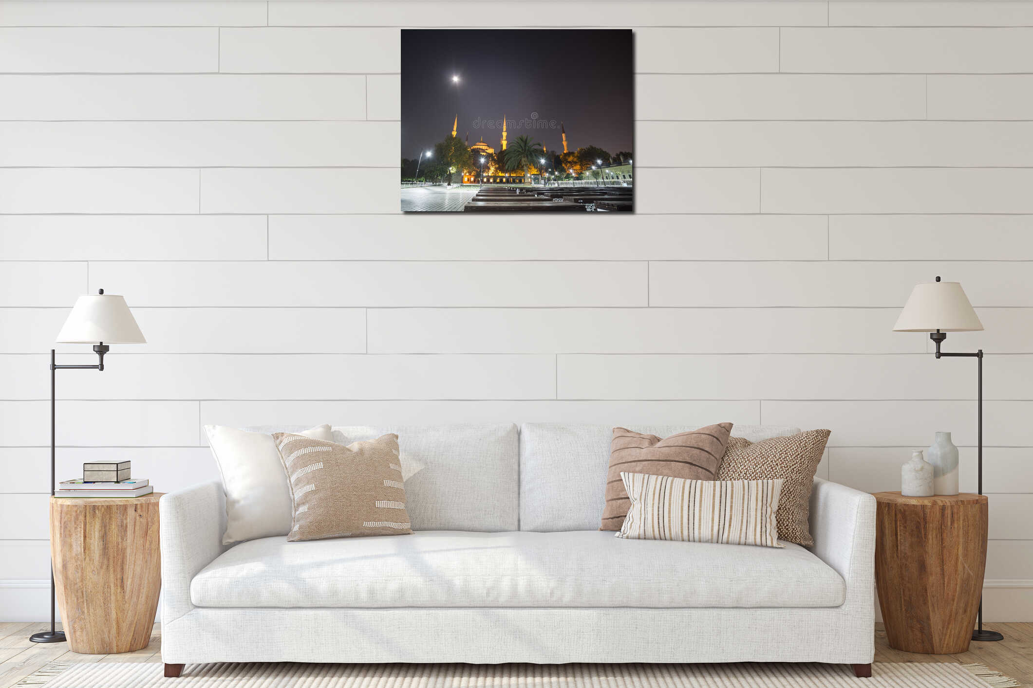 Night evening view of the Sultanahmet Blue Mosque with minarets in Istanbul interior mockup
