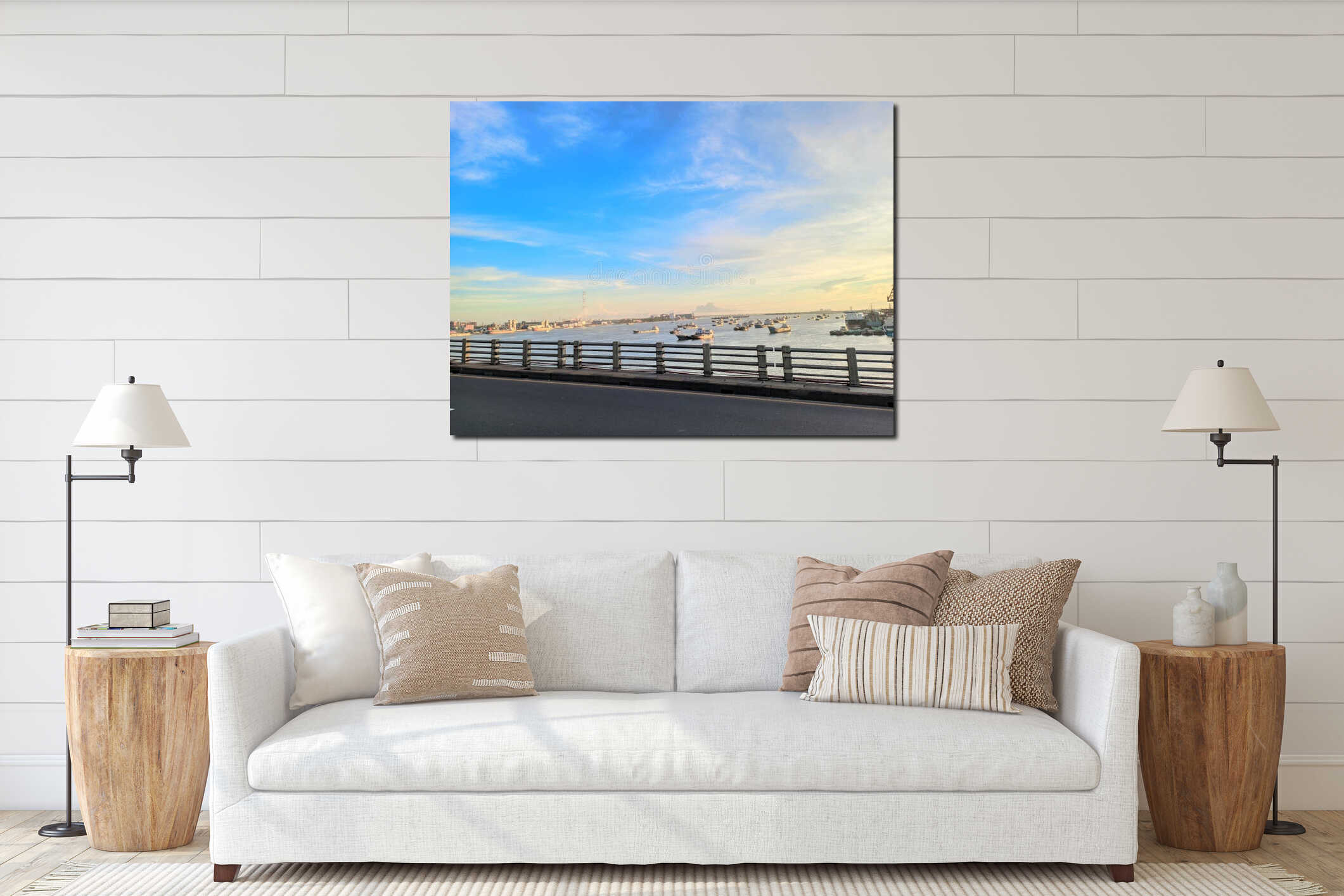 a road with boats on water meghna river interior mockup