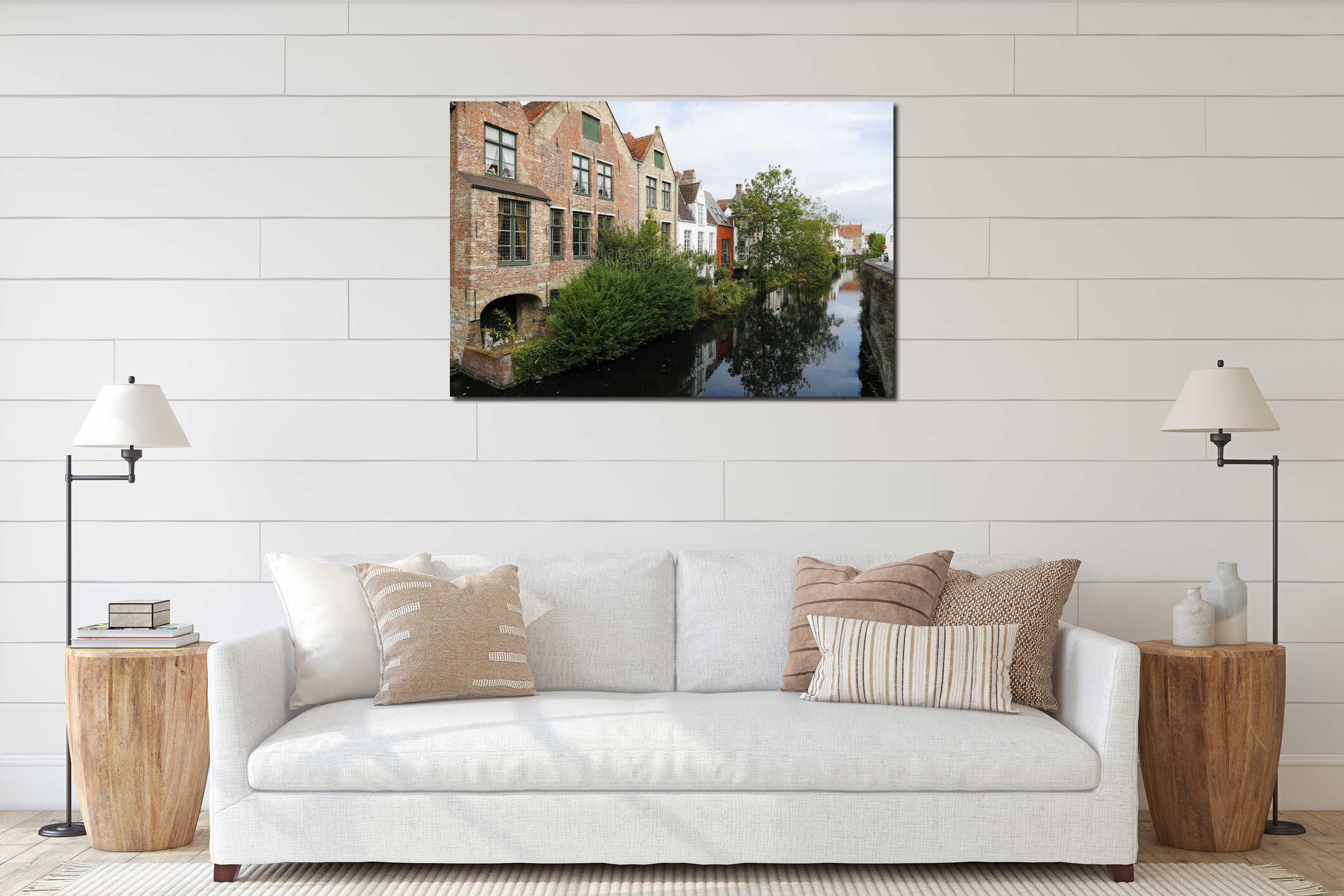 Brick houses by the canal and green plants interior mockup