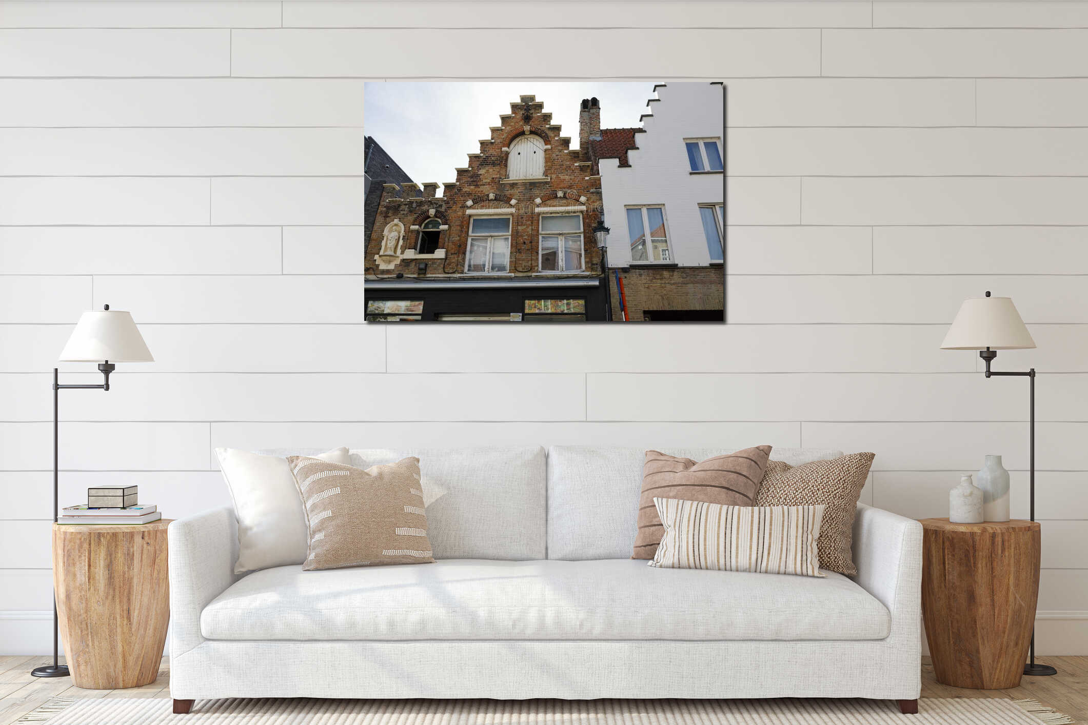 The stepped gables of brick buildings in Bruges interior mockup
