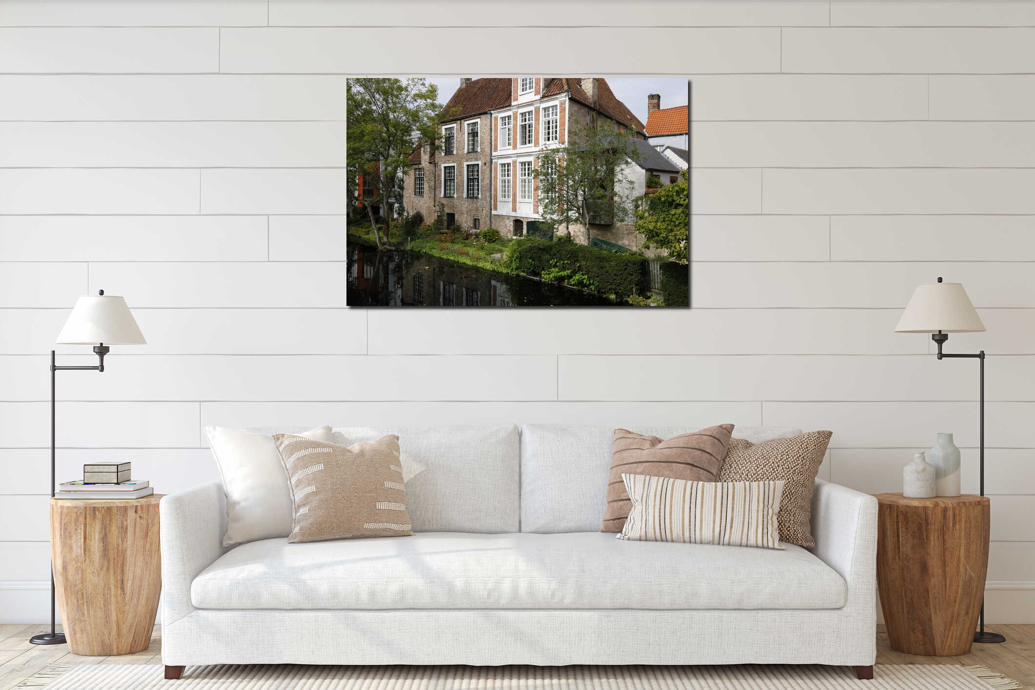 Traditional brick houses and plants by the canal interior mockup
