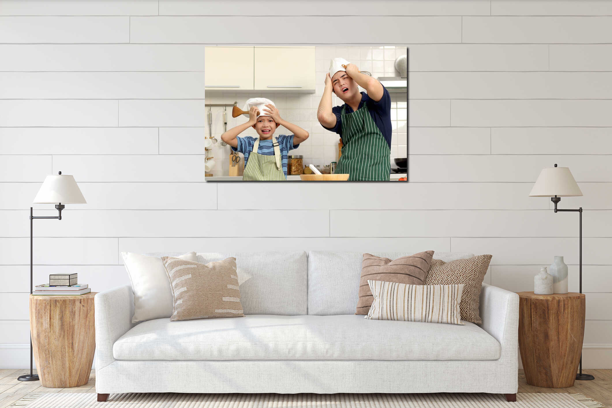 Stressed unhappy Asian father son put head in hands at messy kitchen, dad and boy kid panicked because messy cooking, child with interior mockup