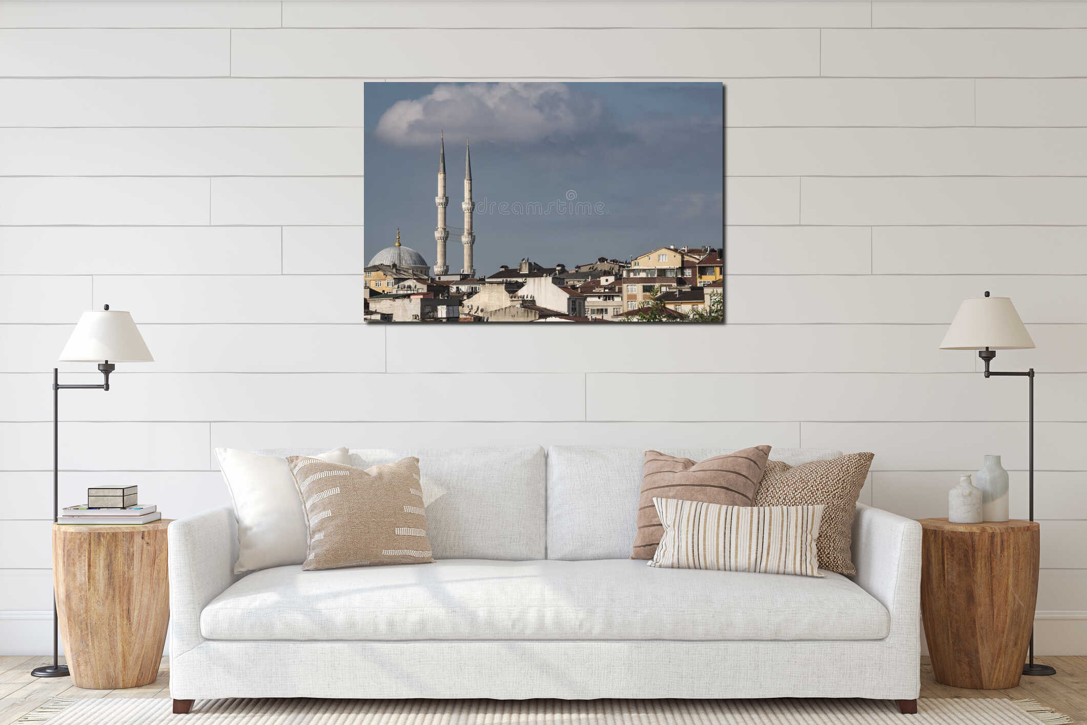 Istanbul city panorama with low rise buildings and mosque minaret interior mockup