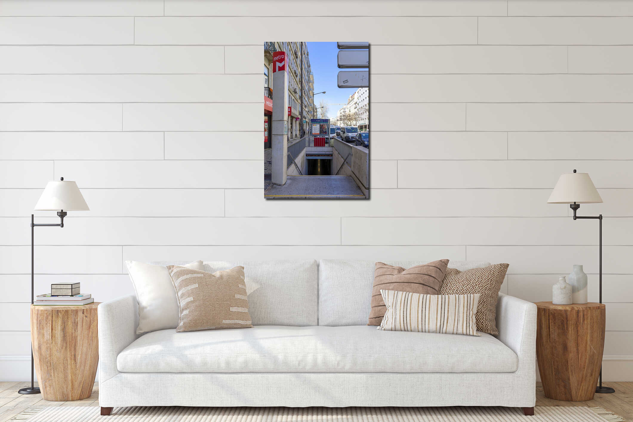 entrance and exit via stairs to the underground interior of the metro station of Arroios on avenue almirante reis in Lisbon interior mockup