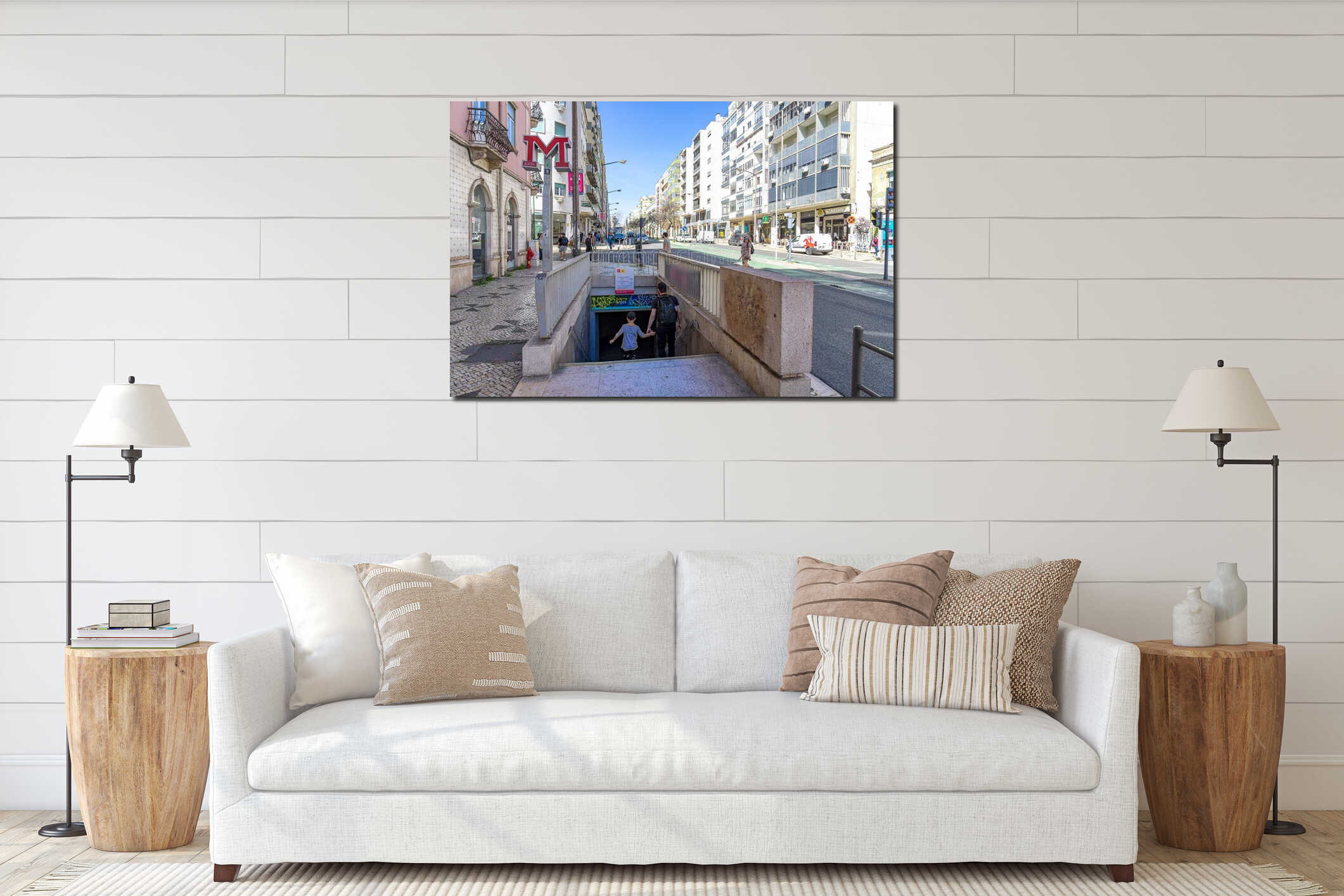 entrance and exit via stairs to the underground interior of the Anjos metro station on Avenida Almirante Reis in Lisbon interior mockup