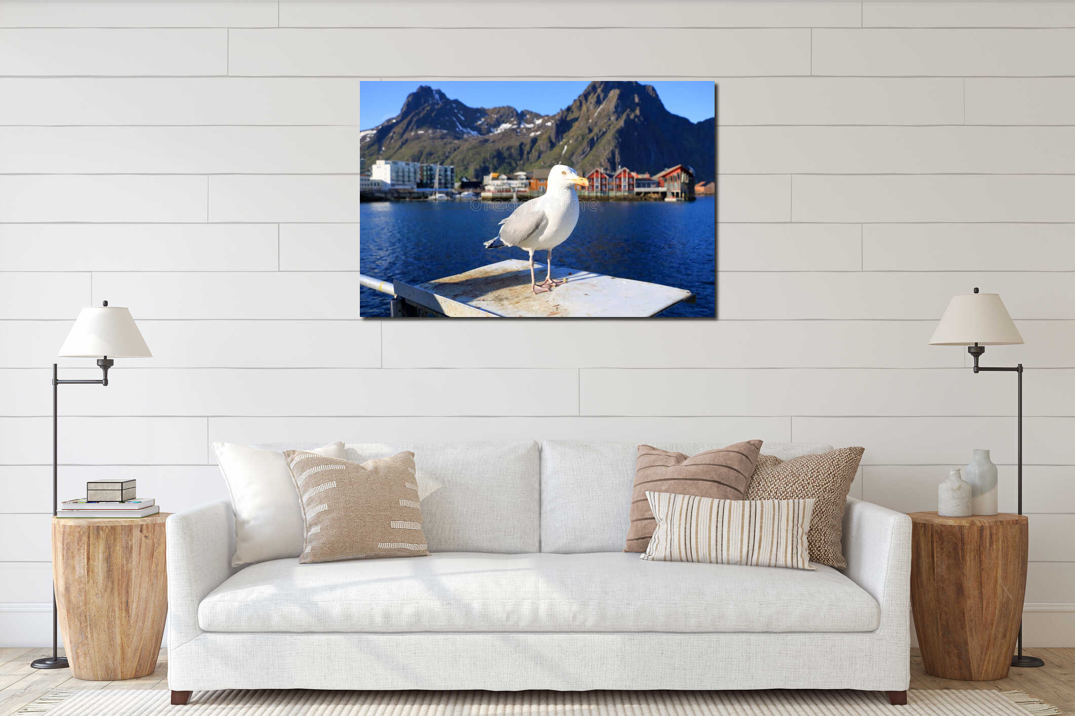 a close-up of a seagull standing in front of Svolvaer, Lofoten, Norway interior mockup