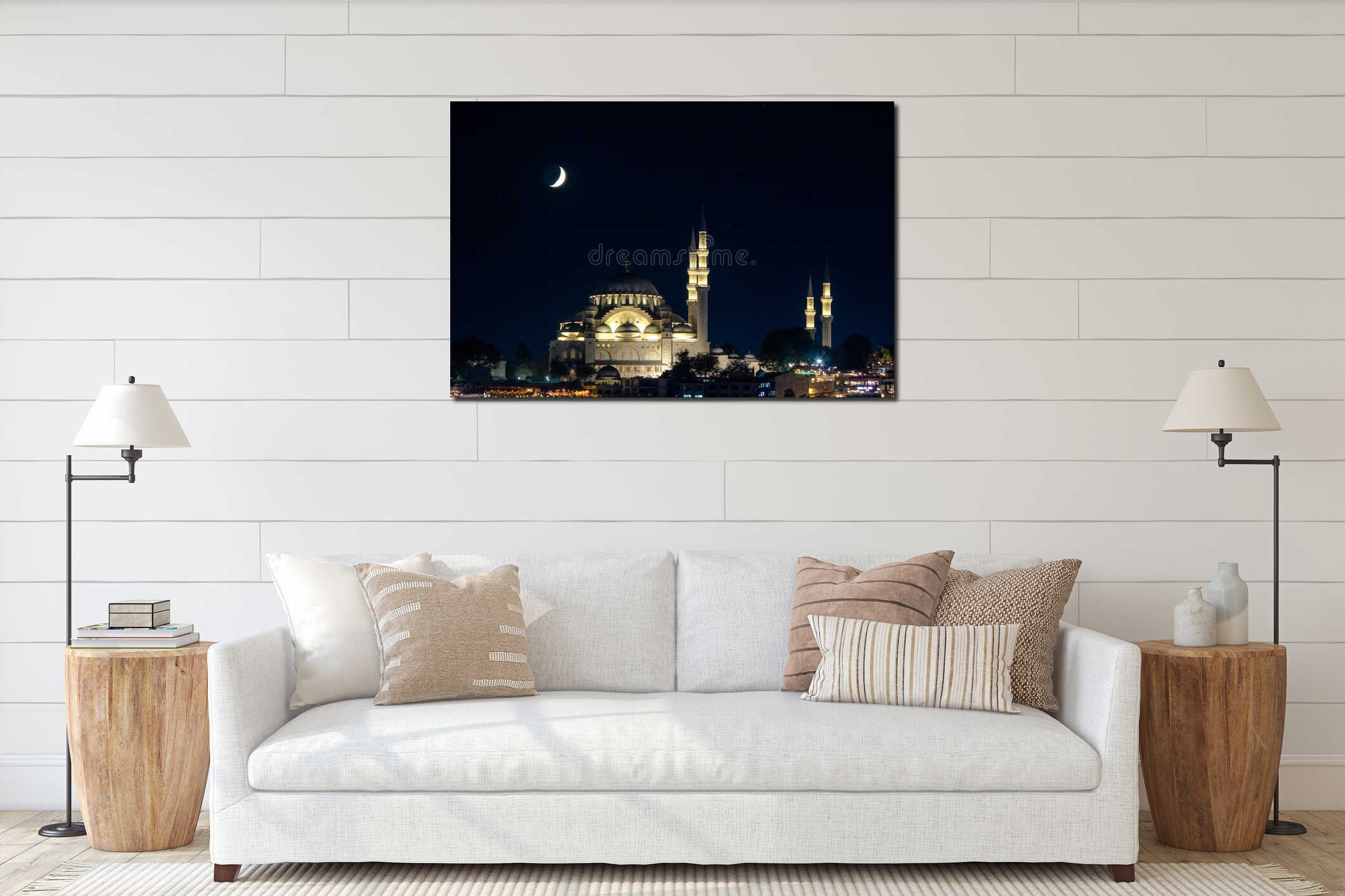 Islamic photo. Mosque and crescent moon. Ramadan or laylat al-qadr concept interior mockup