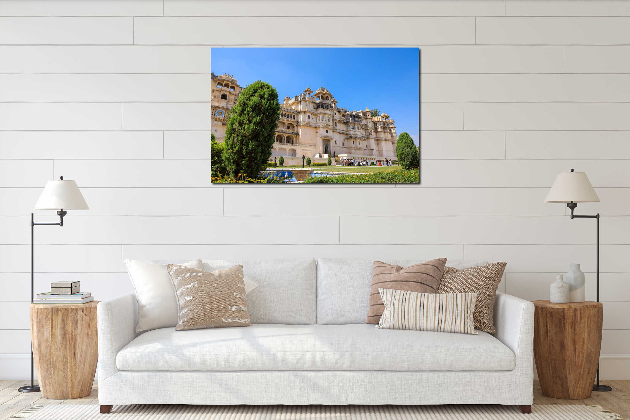 Exterior view of 400 year old historic City palace in Udaipur city, Rajasthan, India interior mockup