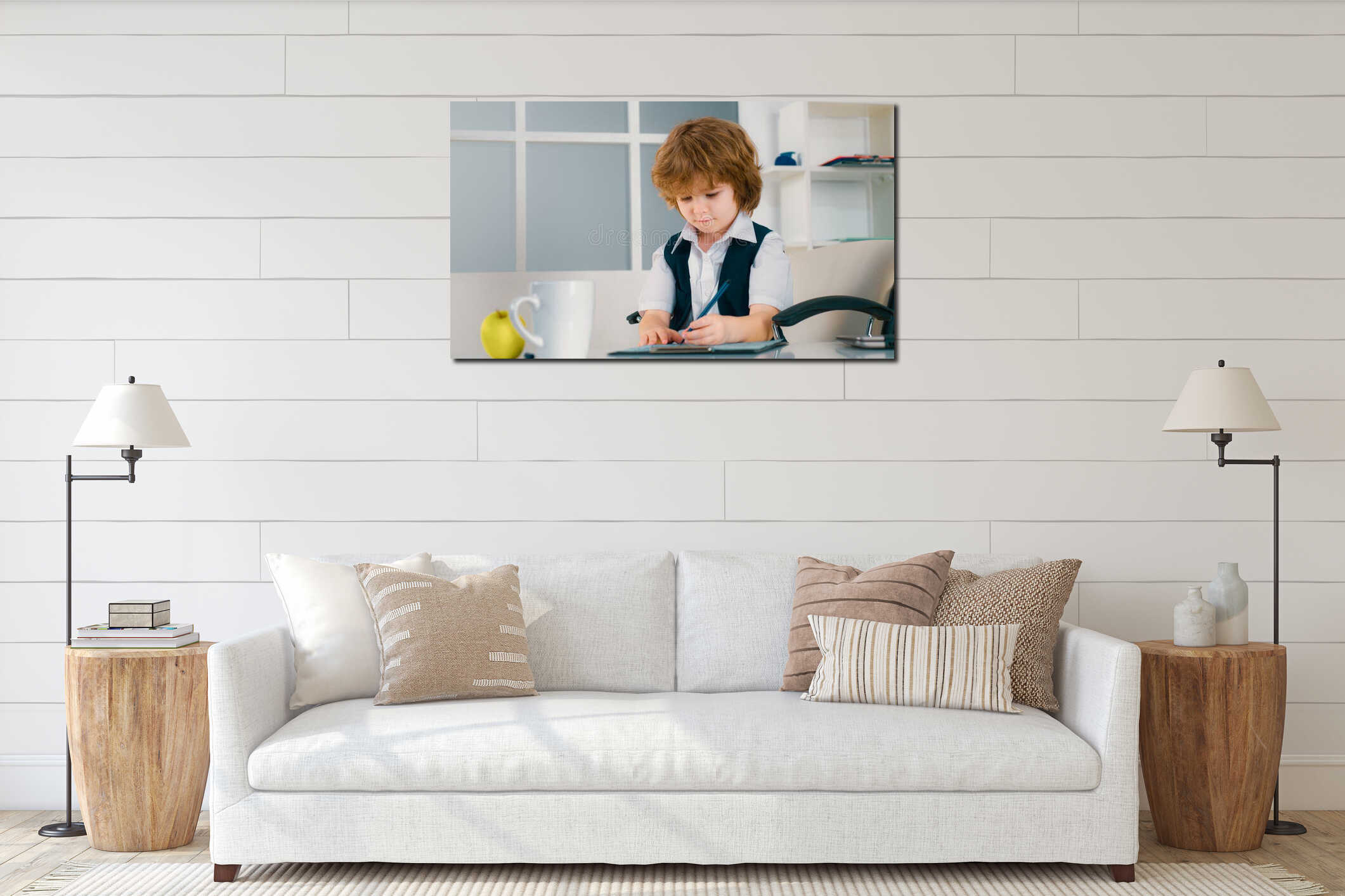 Young business boy. Portrait of a kid businessman on the modern office. Seriously young little children business man interior mockup