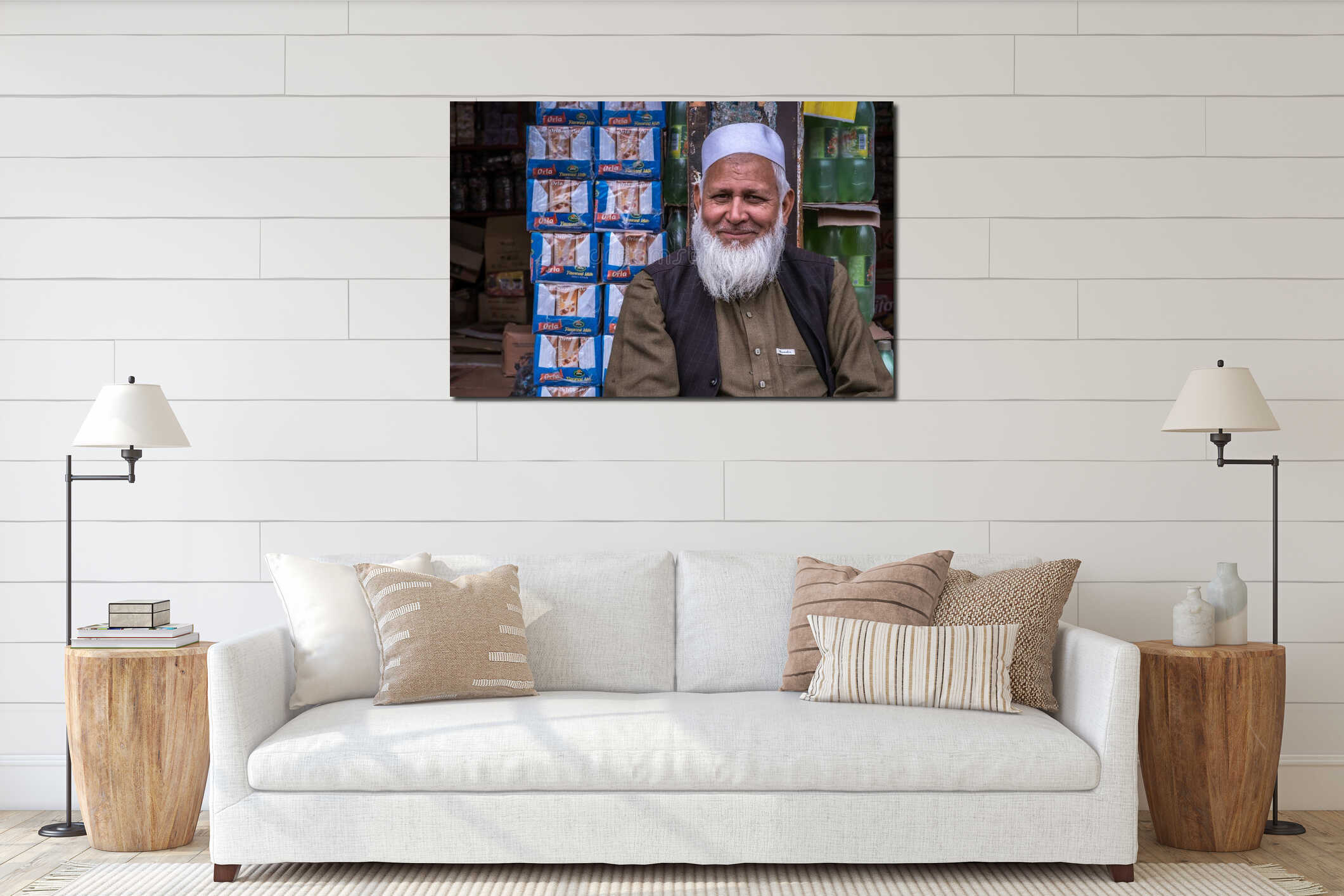 Unidentified Pakistani elderly man with a long white beard wearing a white hat interior mockup