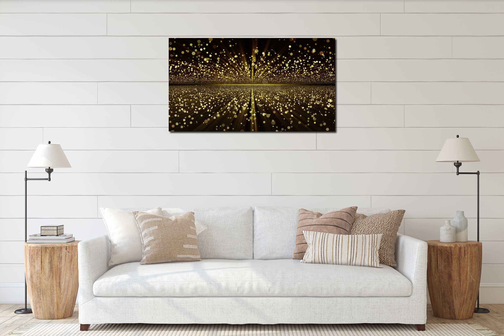 Background with golden glitter particles. Bright golden rays, bokeh. Shining gold particles. Incredible abstract sunrise. Flying interior mockup
