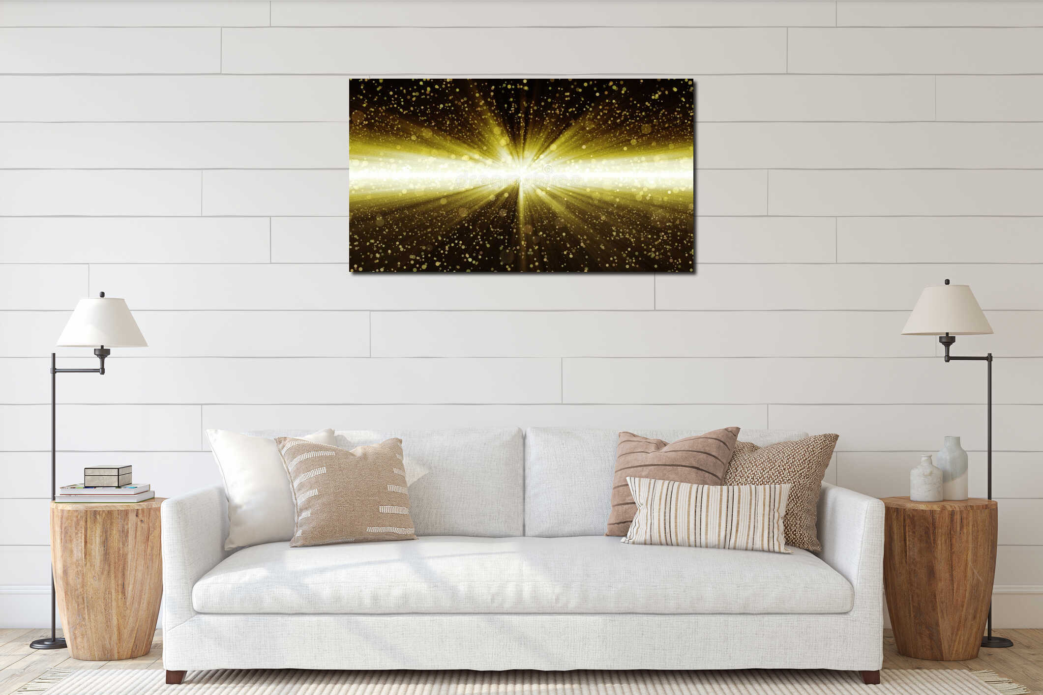 Background with golden glitter particles. Bright golden rays, bokeh. Shining gold particles. Incredible abstract sunrise. Flying interior mockup