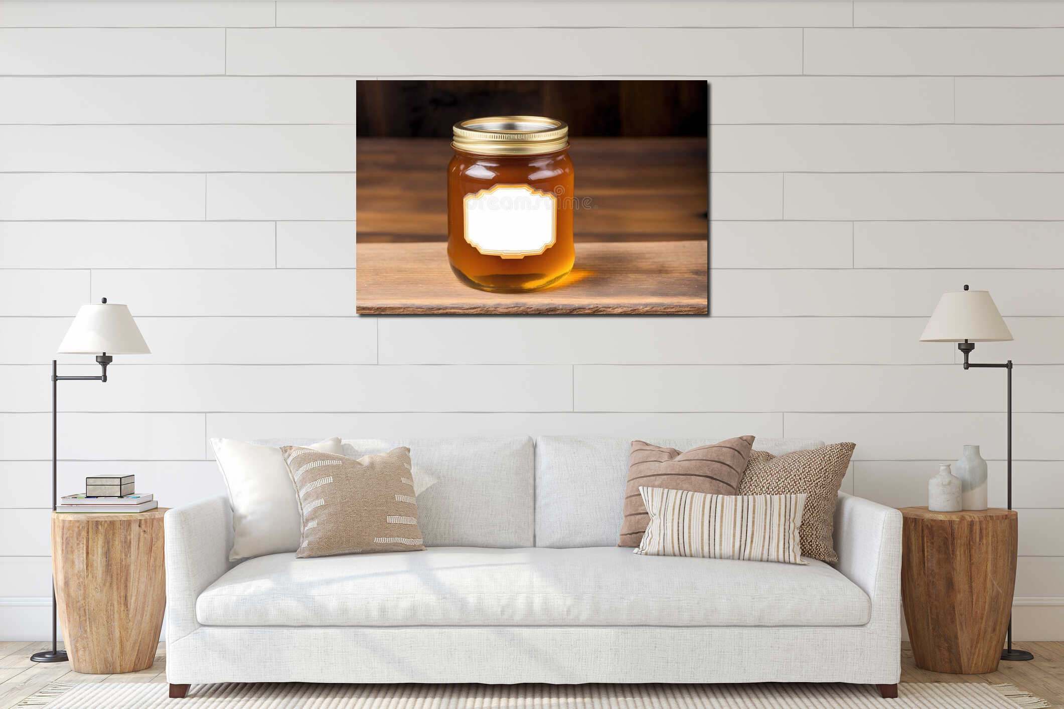 Honey in a glass jar on a wooden background. Selective focus. healthy food concept. Generative AI interior mockup