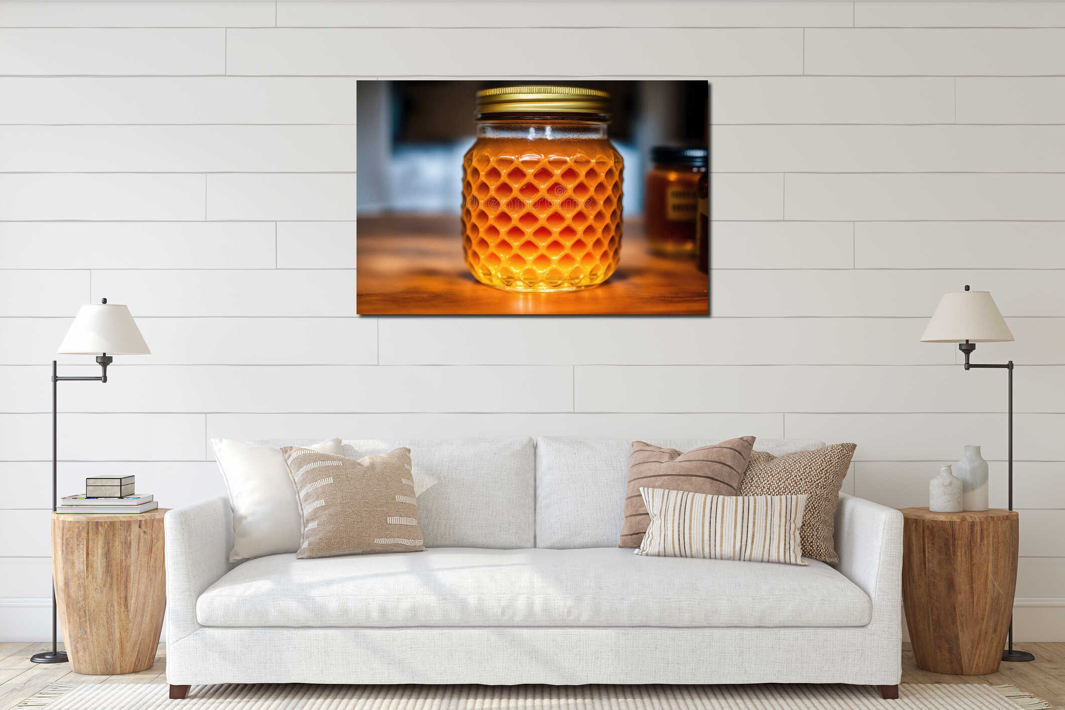 Honey in a glass jar on a wooden background. Selective focus. healthy food concept. Generative AI interior mockup