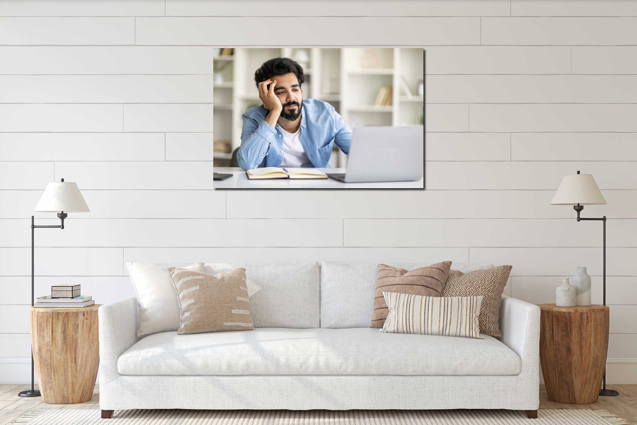 Monotonous Work. Indian freelancer guy working on laptop at home office interior mockup