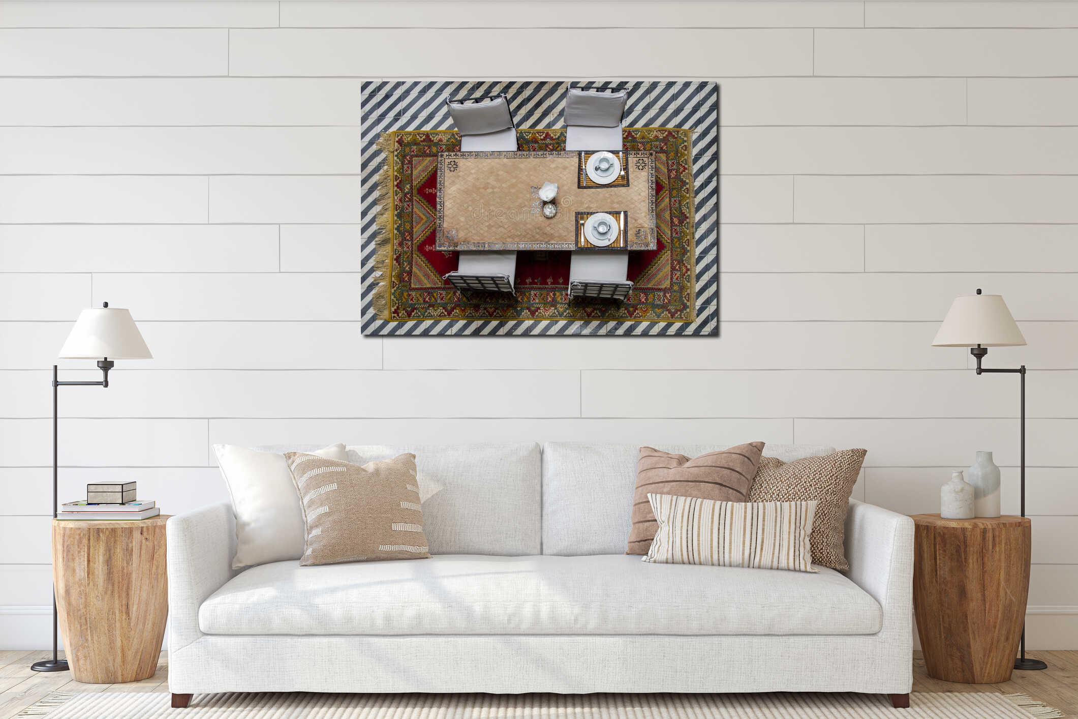 Top View of a Dining Table in Traditional Moroccan Riad Courtyard interior mockup