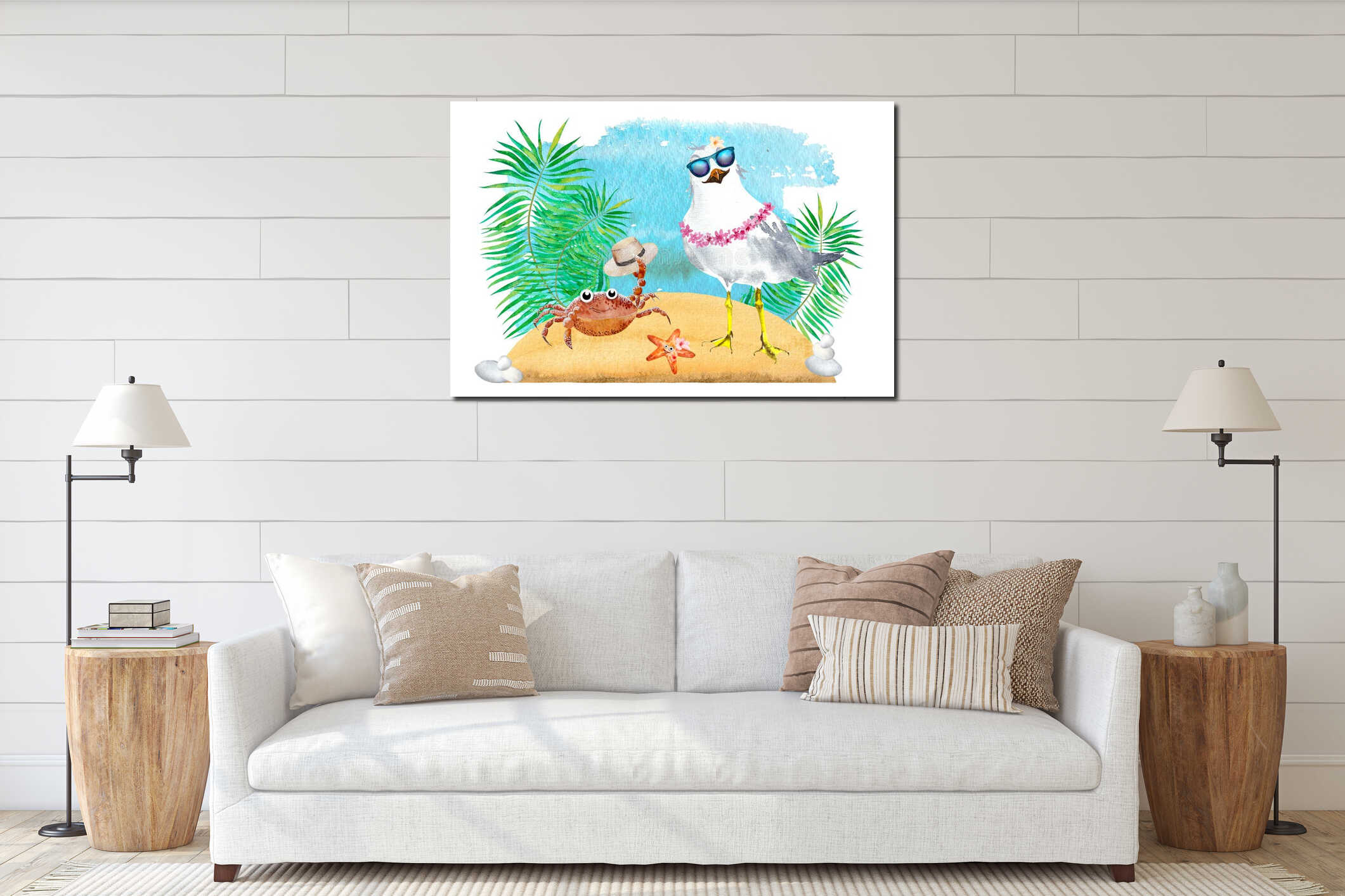 Watercolor illustration of a cartoon seagull, crab and starfish. A seagull , a crab and a star on the beach,drawing interior mockup