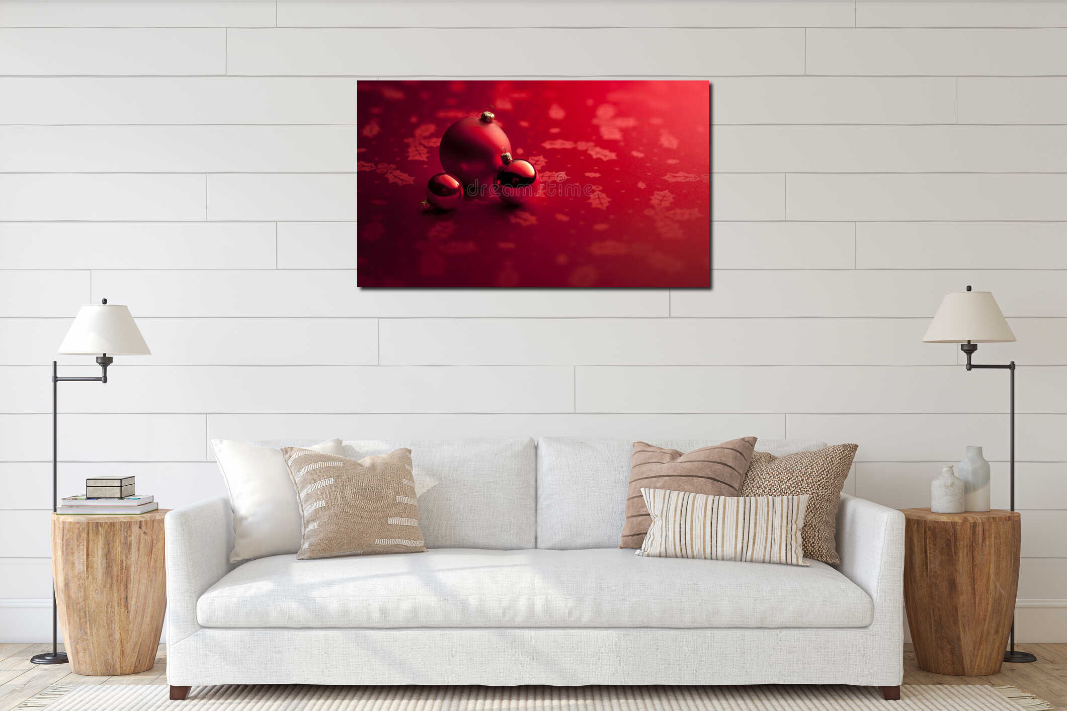 Red Christmas Ornaments Banner Background interior mockup