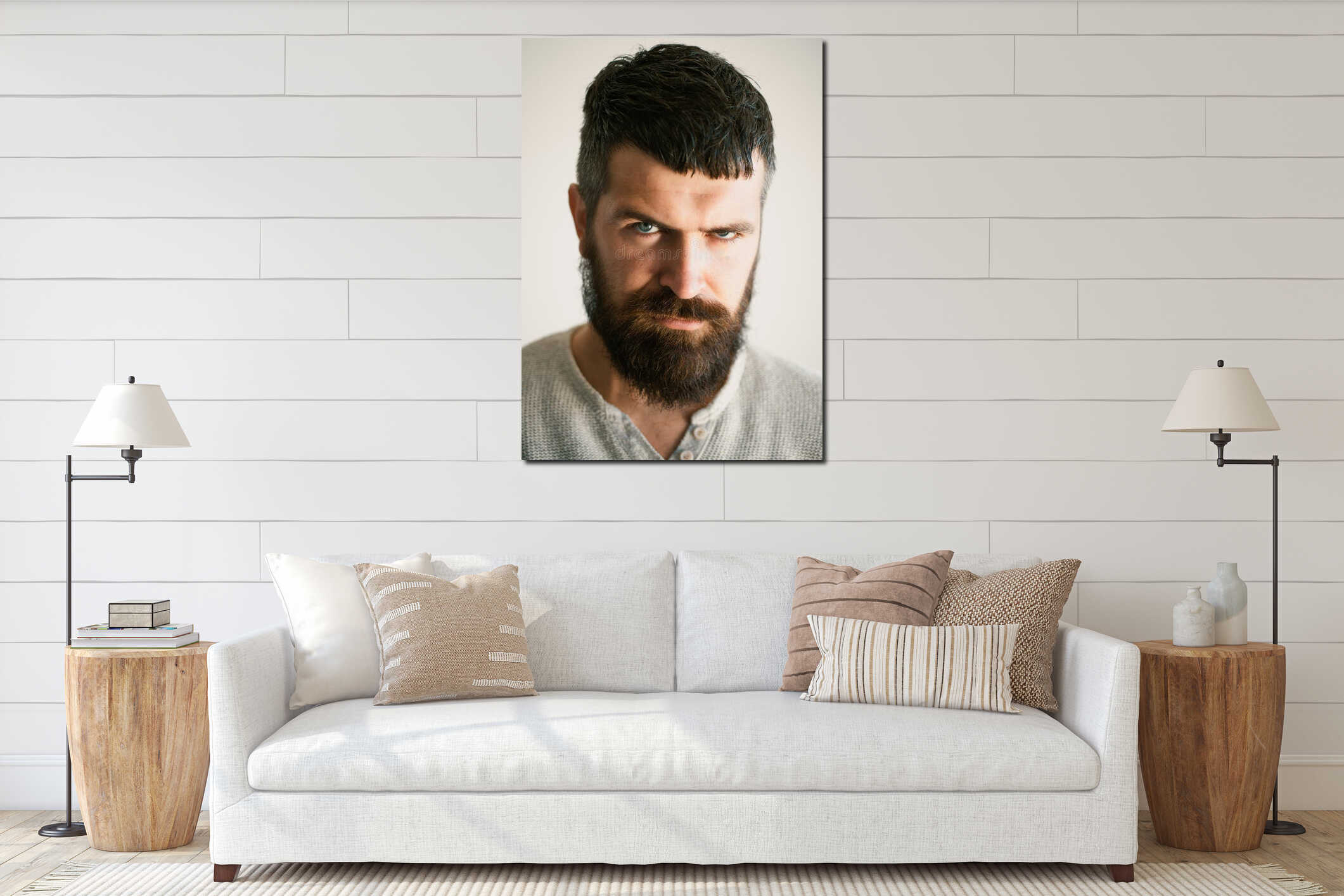 Emotional portrait. Serious bearded man. People emotions. interior mockup