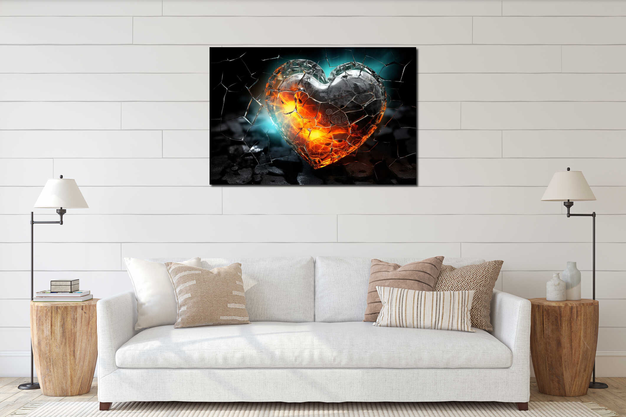 A heart made of fire, ice, and thunder on a futuristic background. Generative AI interior mockup