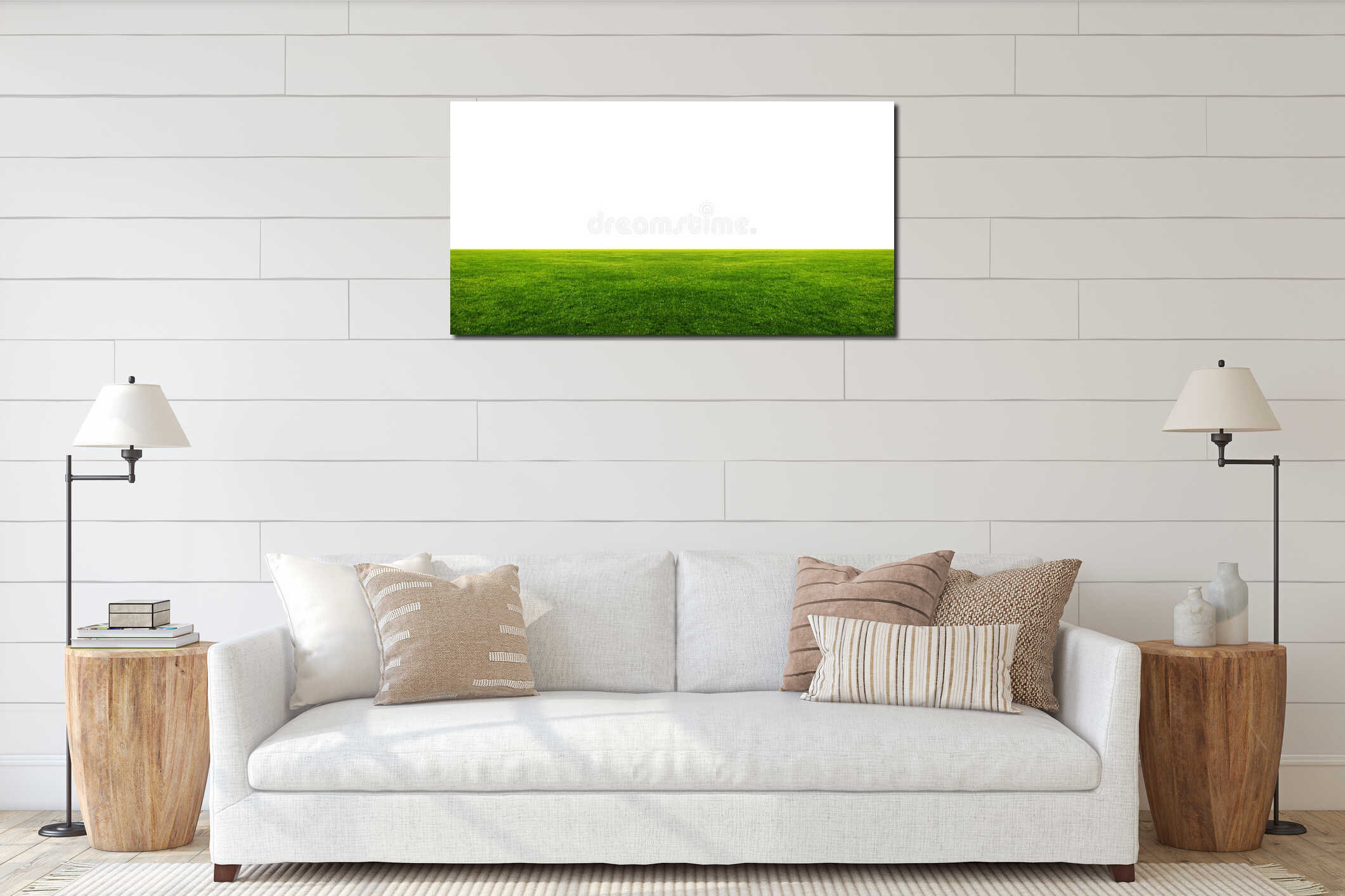 Green grass field with white copyspace interior mockup