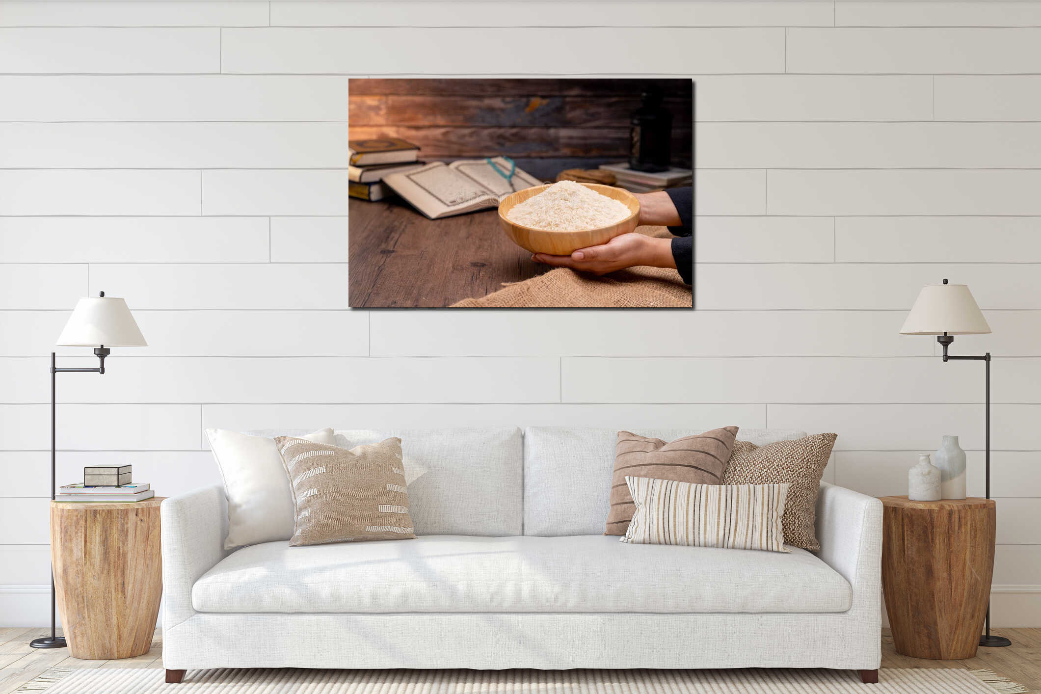Holy Quran and a grain of rice in a wooden bowl in the sack on a wooden table, Islamic zakat concept. interior mockup