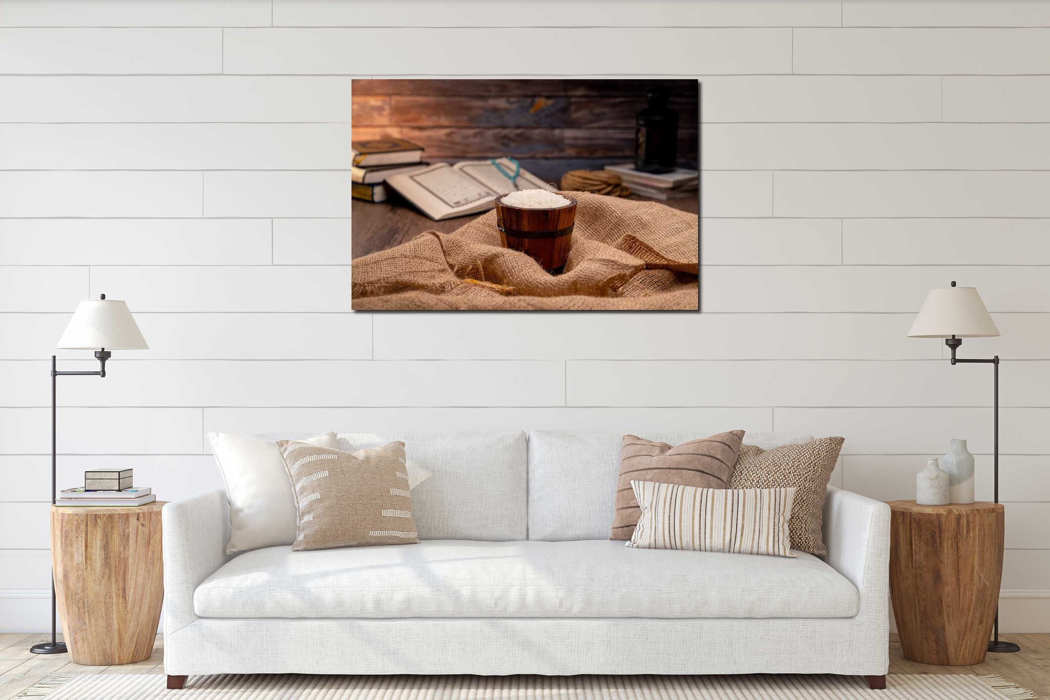 Holy Quran and a grain of rice in a wooden bowl in the sack on a wooden table, Islamic zakat concept. interior mockup