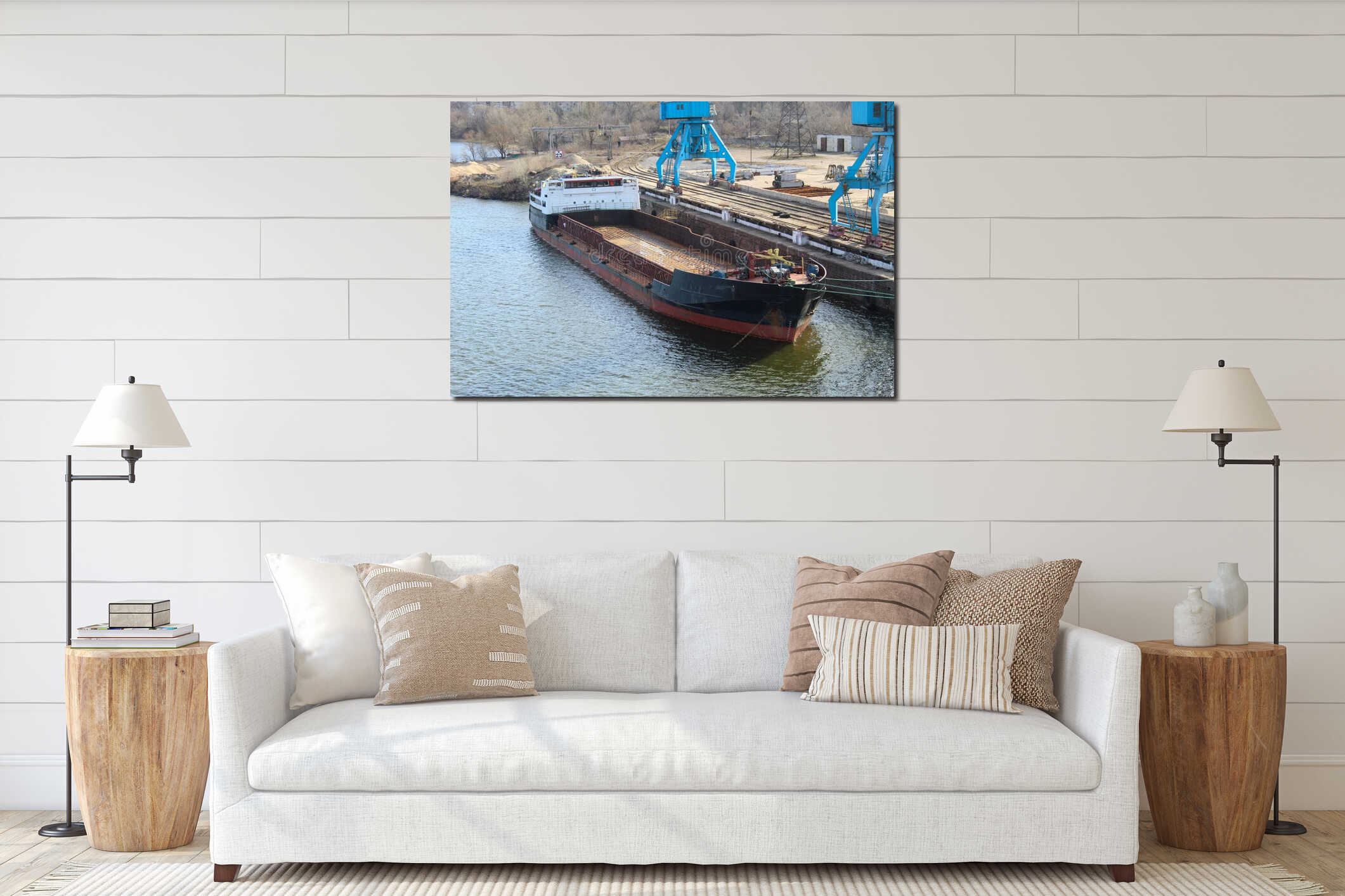 Cargo ship at the berth of the river port interior mockup